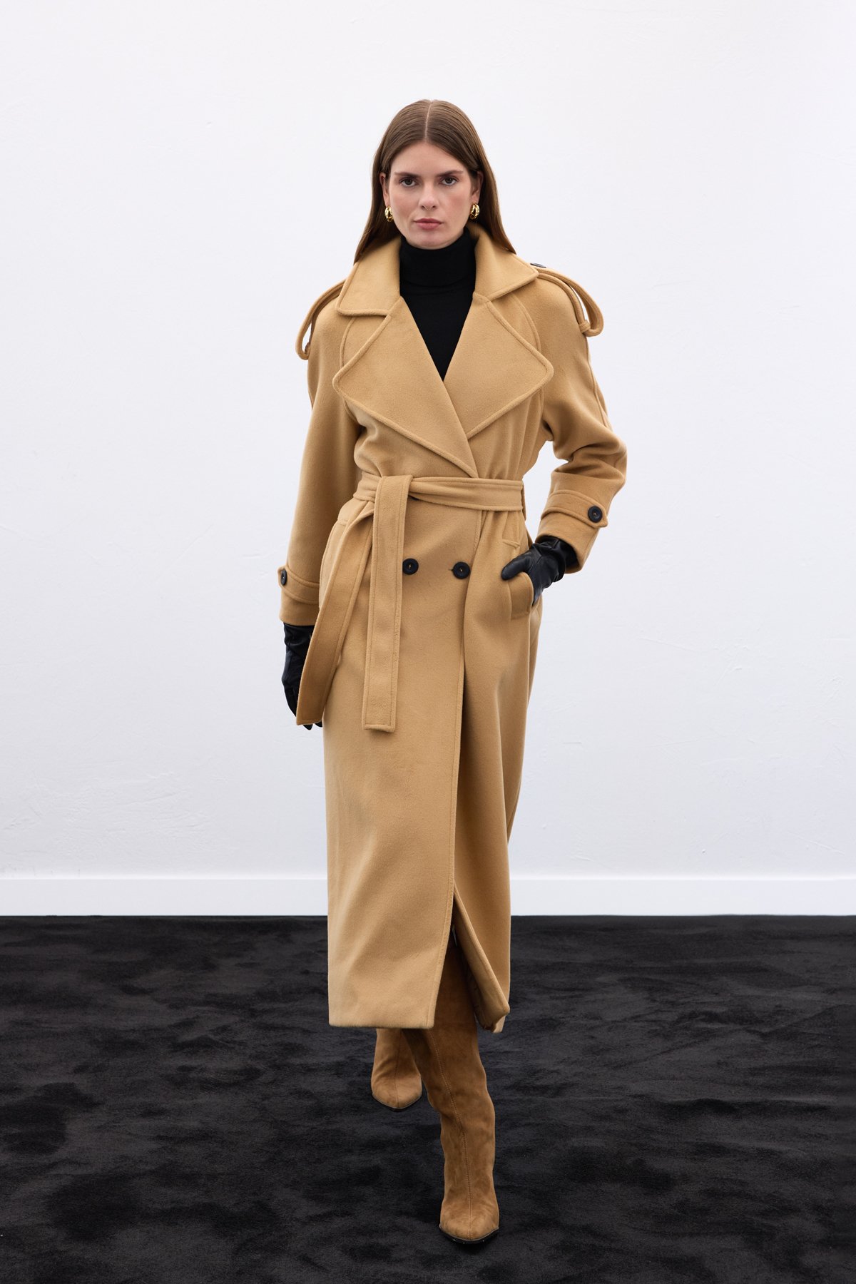 Geniş Yaka Uzun Kaban - Camel