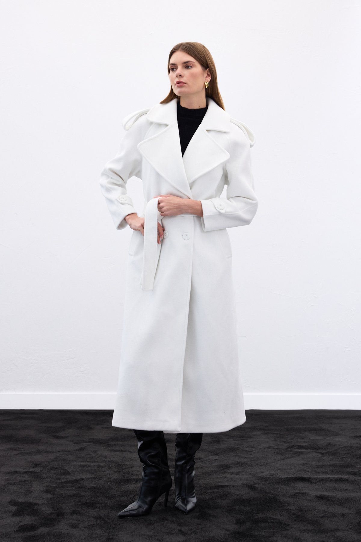 Geniş Yaka Uzun Kaban - Ekru