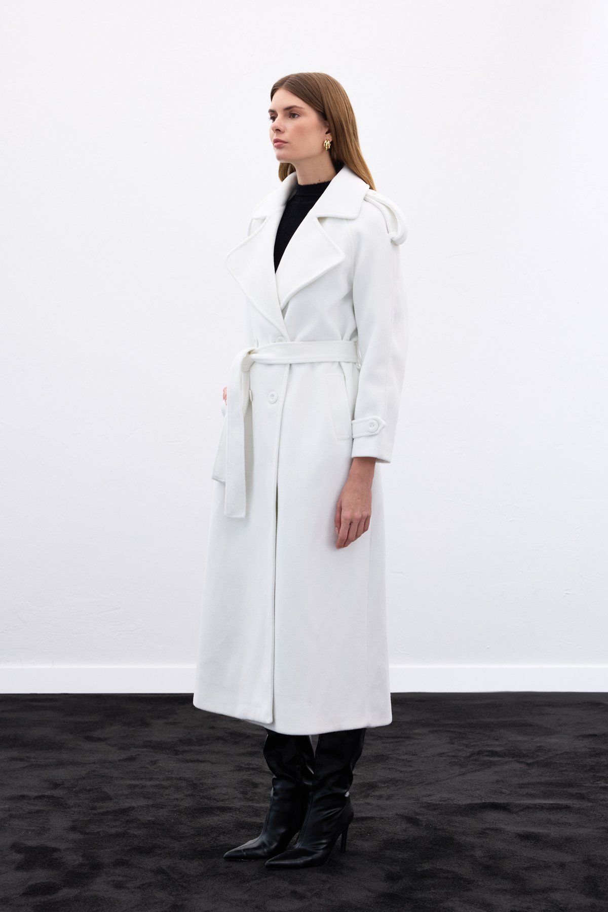 Geniş Yaka Uzun Kaban - Ekru