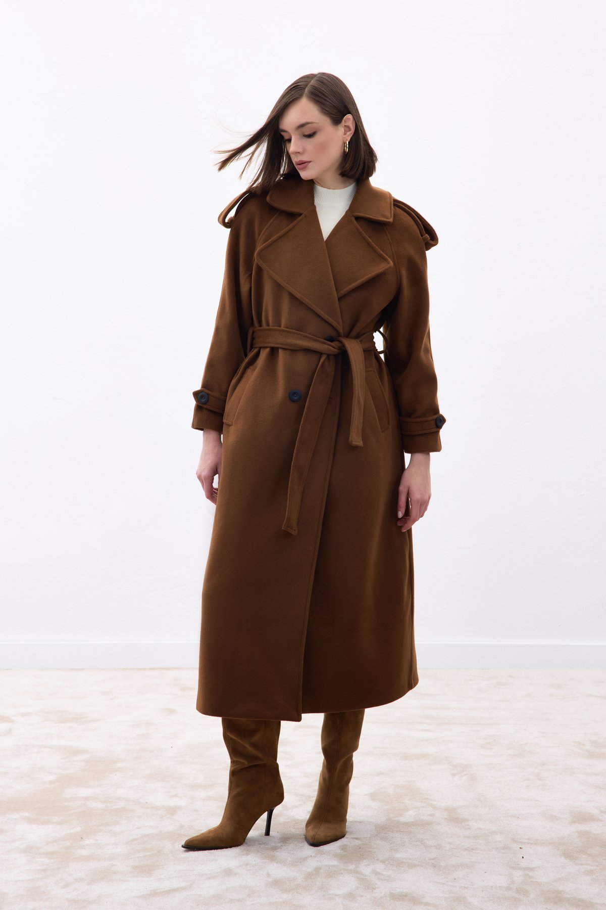 Geniş Yaka Uzun Kaban - Kahve