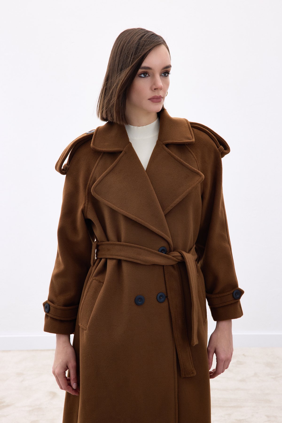 Geniş Yaka Uzun Kaban - Kahve