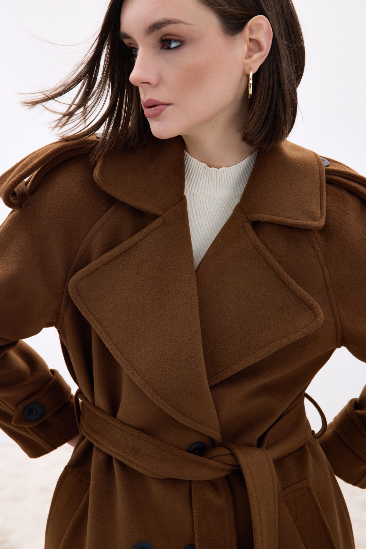 Geniş Yaka Uzun Kaban - Kahve