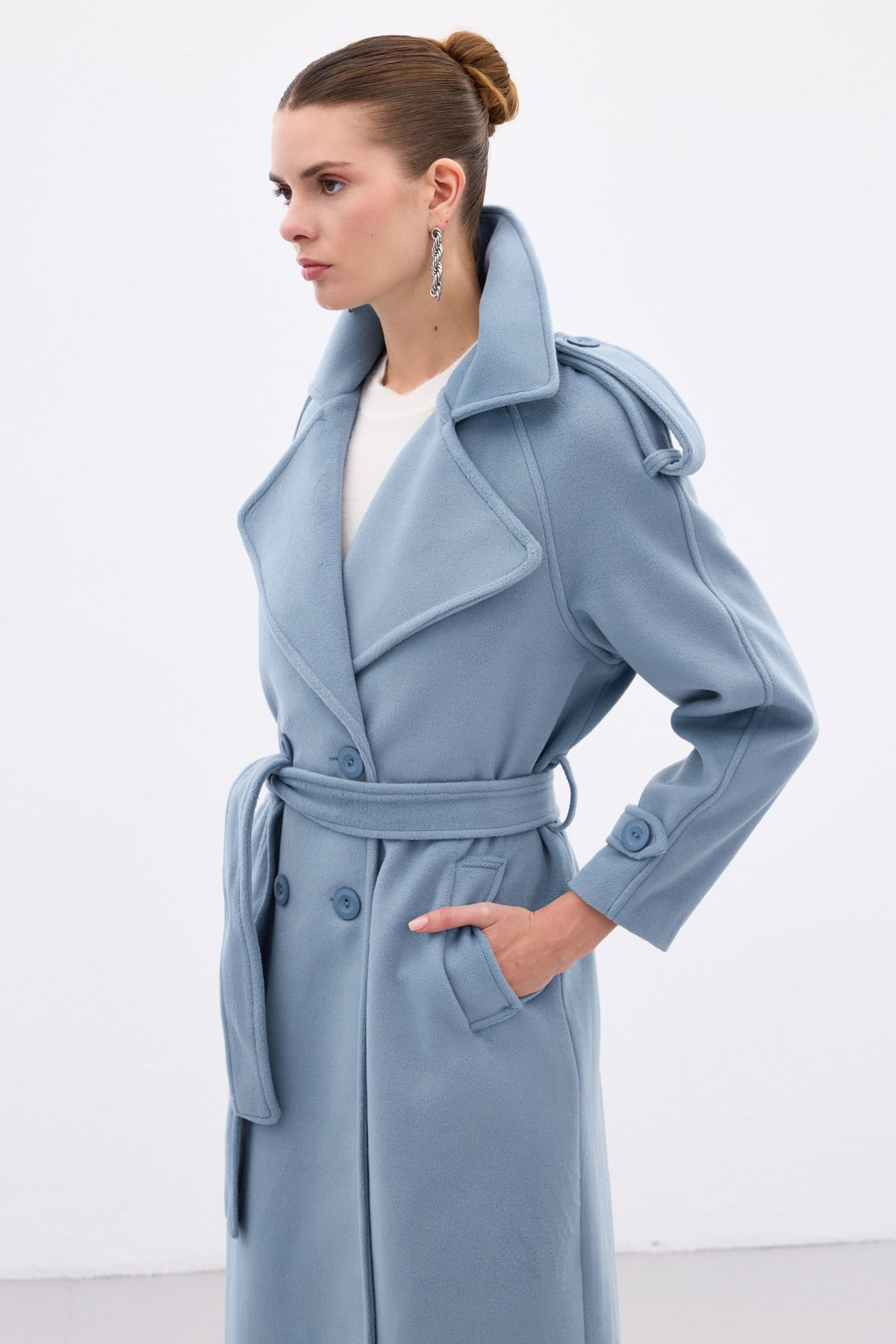 Geniş Yaka Uzun Kaban - Mavi