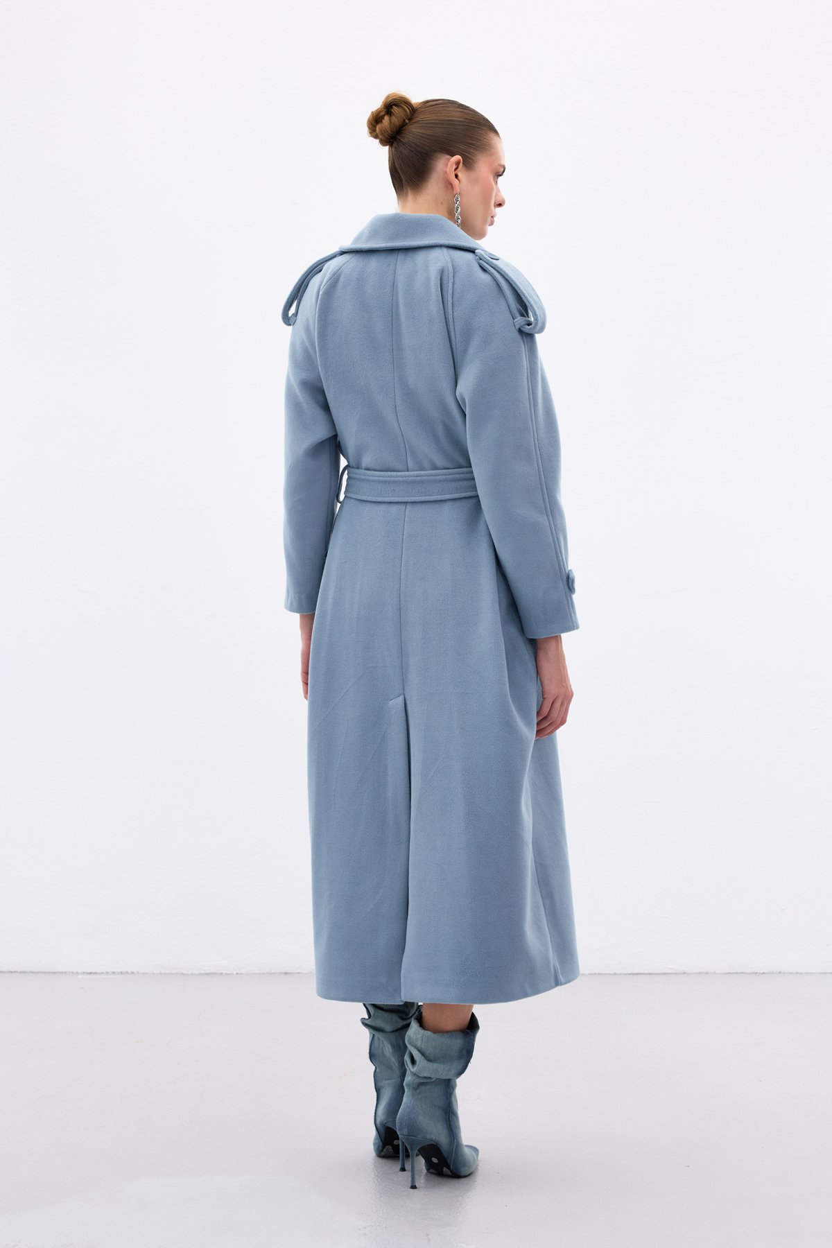 Geniş Yaka Uzun Kaban - Mavi