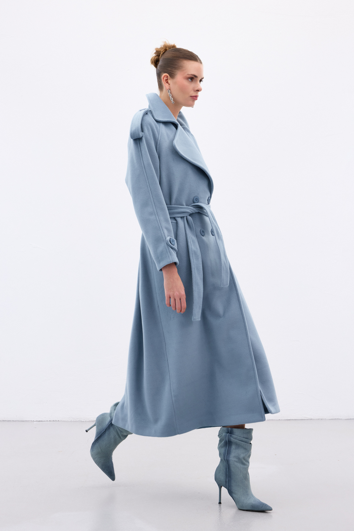 Geniş Yaka Uzun Kaban - Mavi