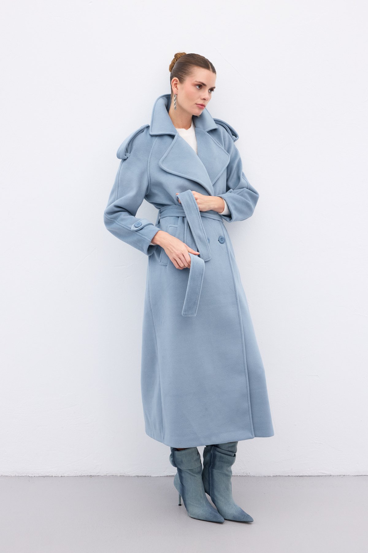 Geniş Yaka Uzun Kaban - Mavi