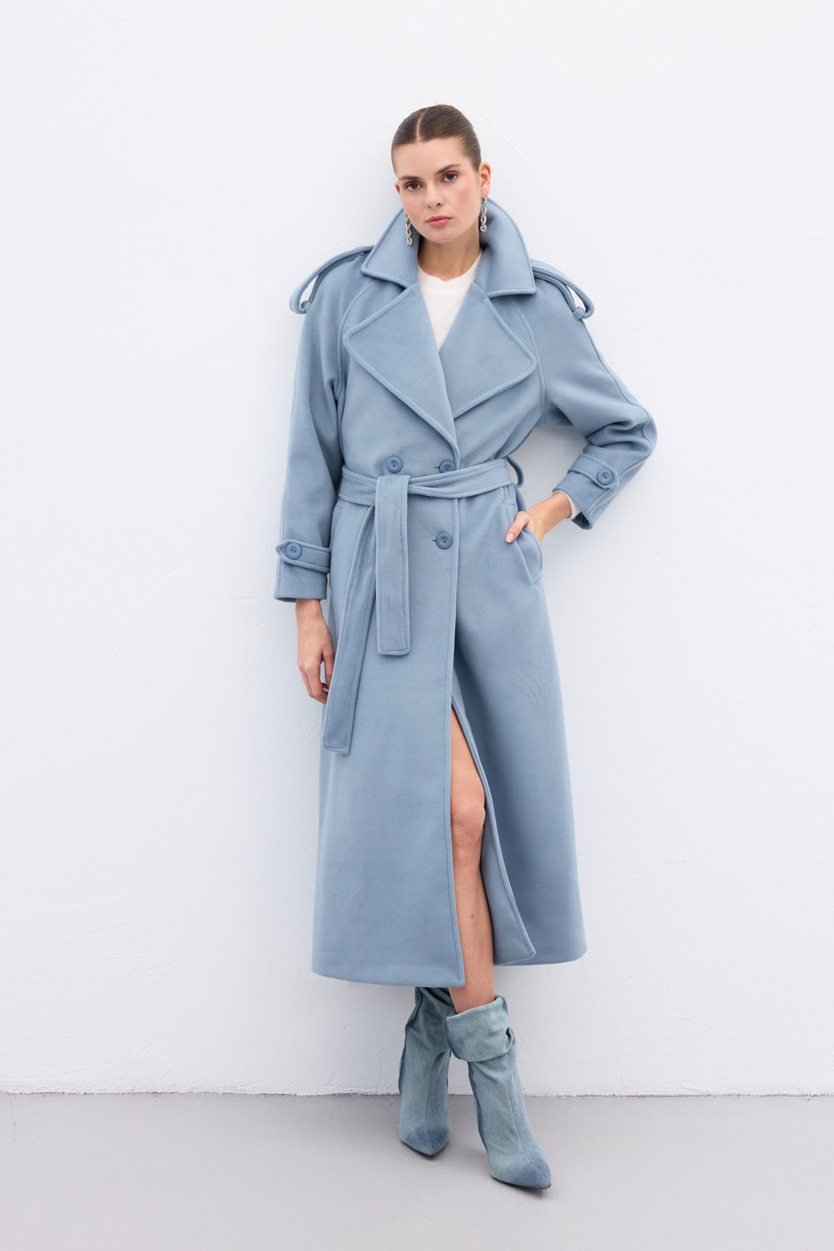 Geniş Yaka Uzun Kaban - Mavi