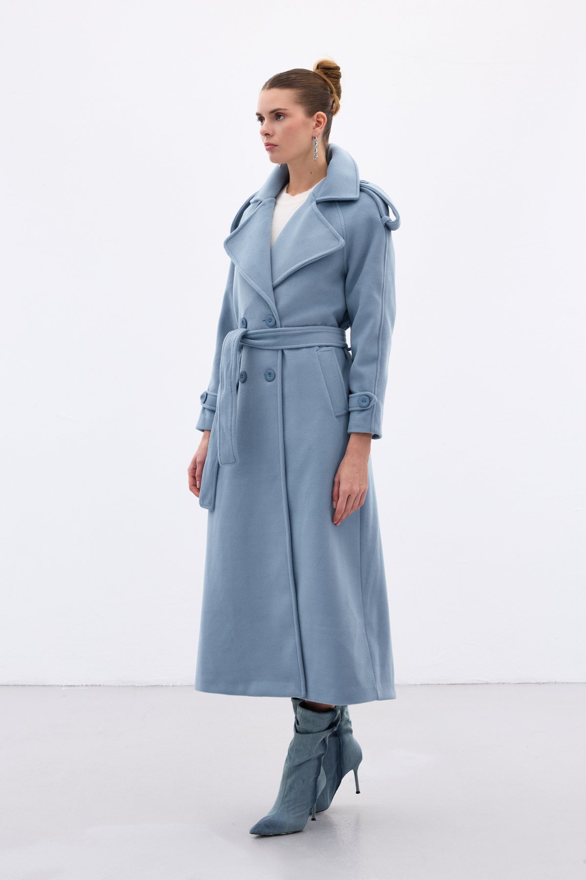 Geniş Yaka Uzun Kaban - Mavi