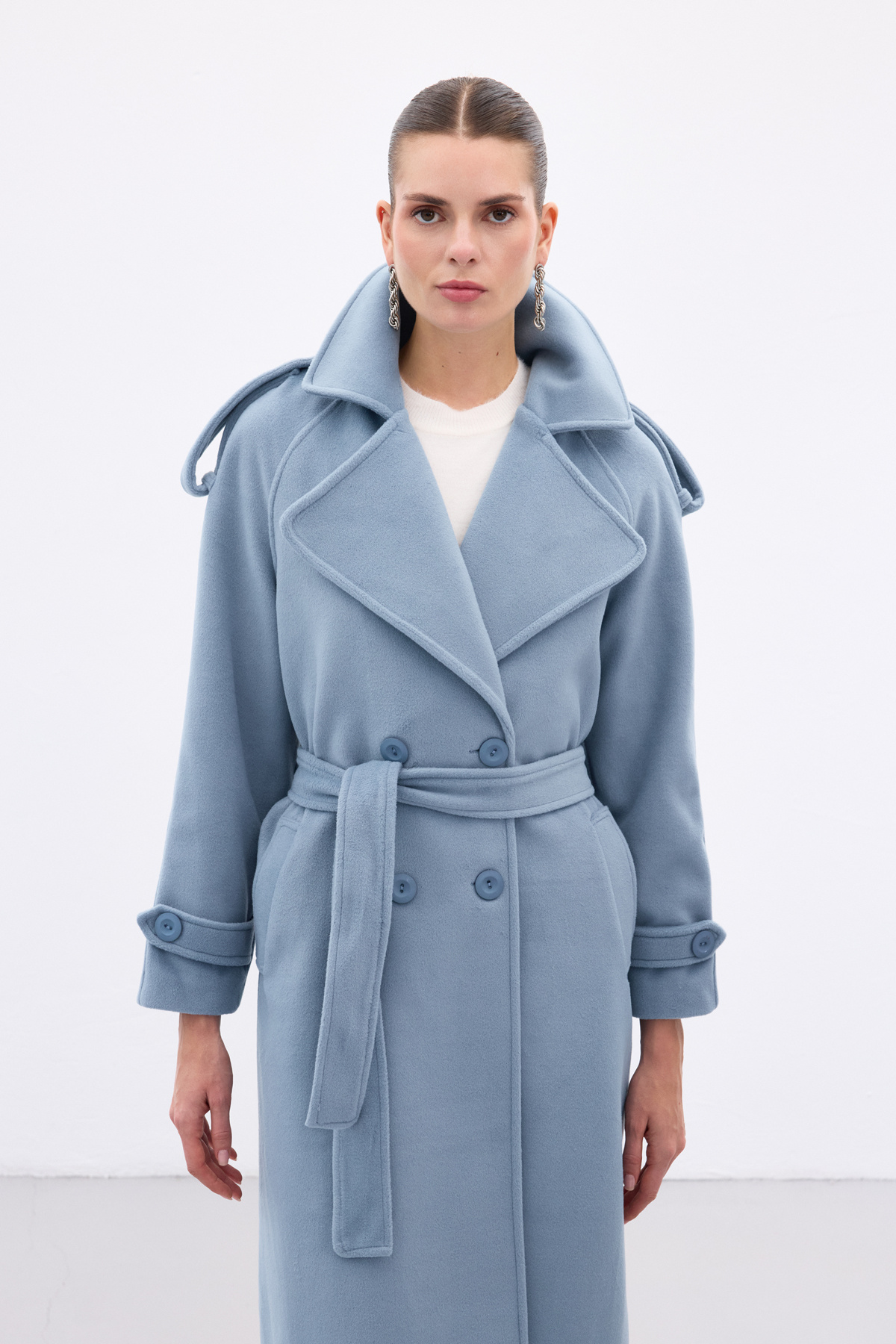 Geniş Yaka Uzun Kaban - Mavi