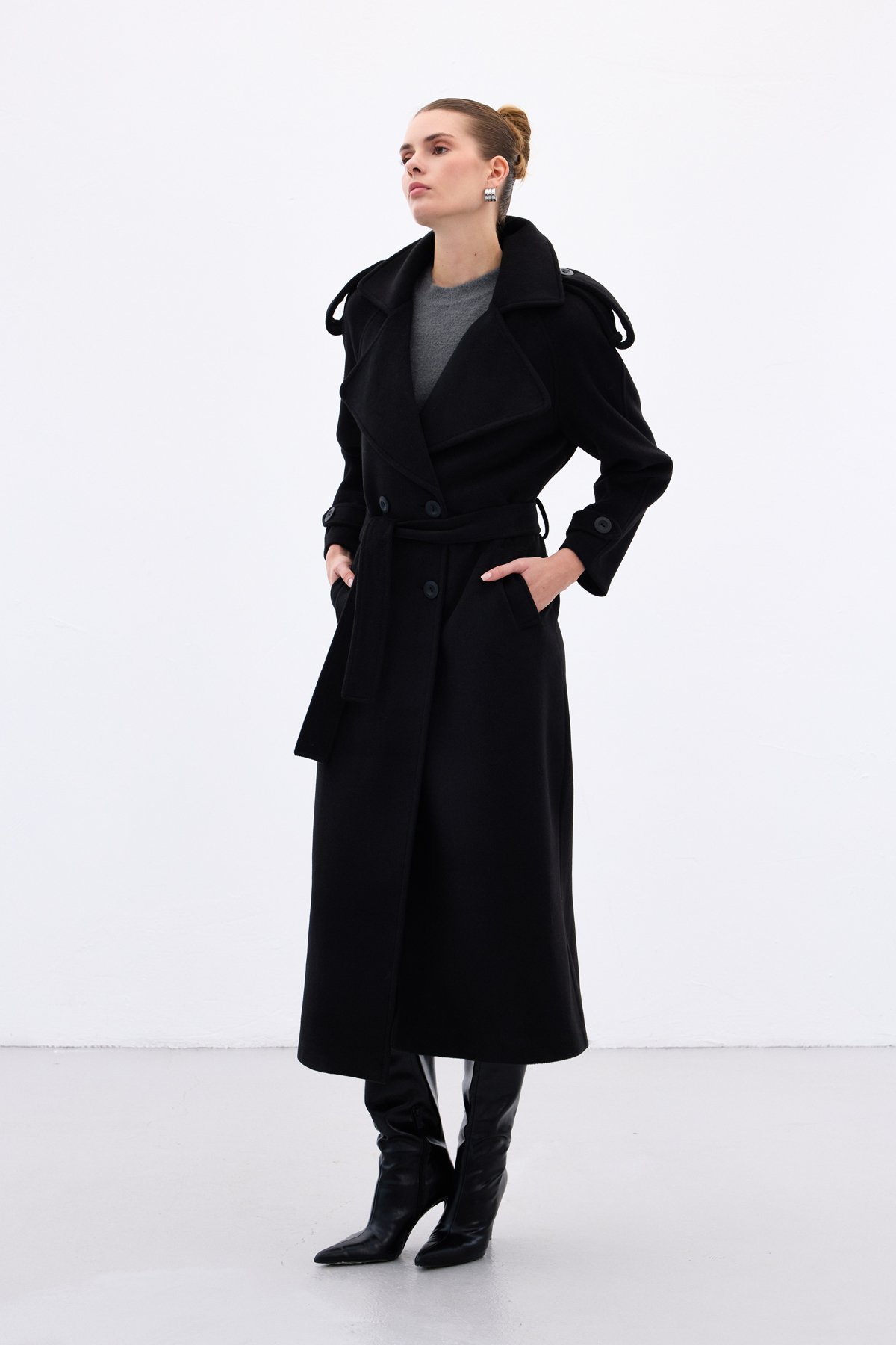 Geniş Yaka Uzun Kaban - Siyah