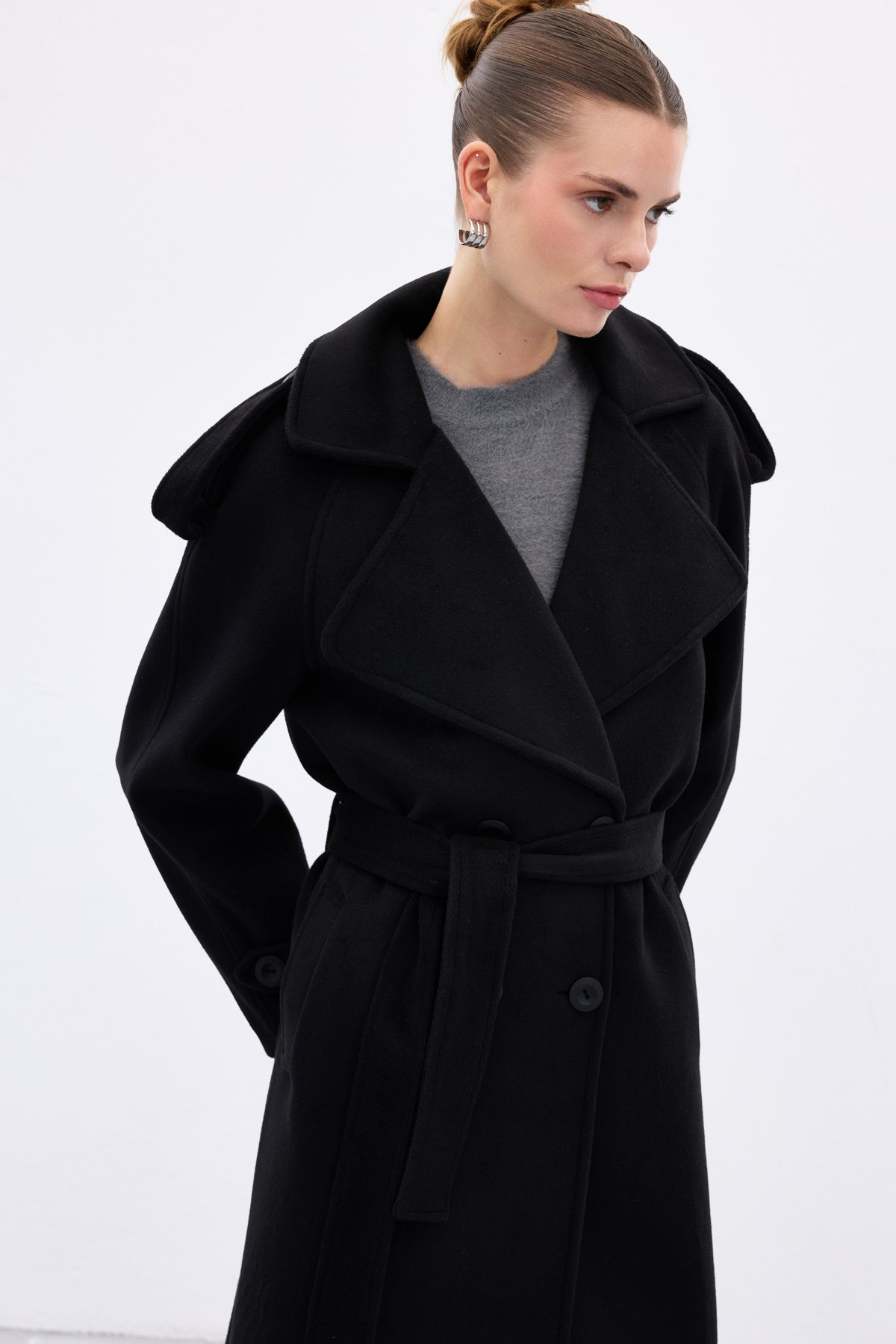 Geniş Yaka Uzun Kaban - Siyah