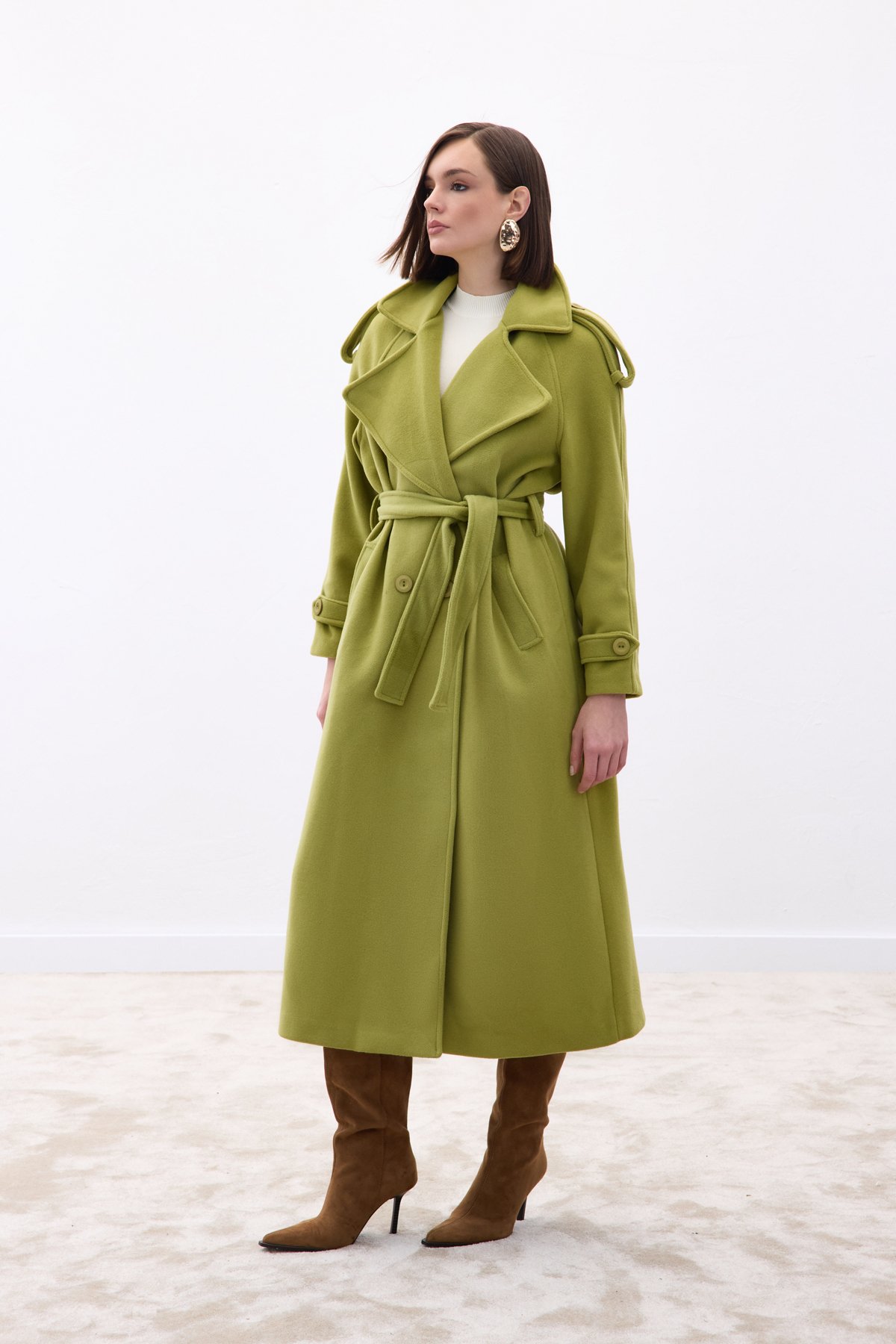 Geniş Yaka Uzun Kaban - Yeşil