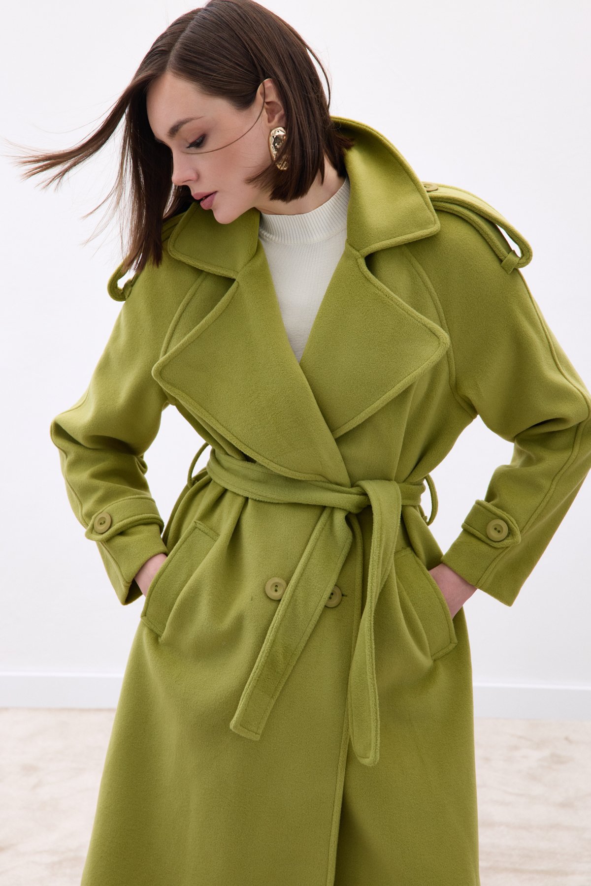 Geniş Yaka Uzun Kaban - Yeşil