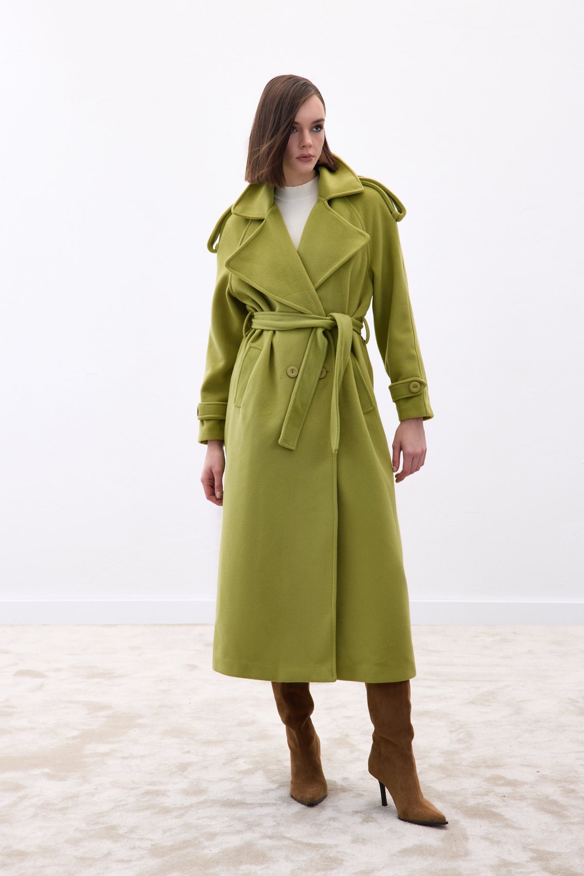 Geniş Yaka Uzun Kaban - Yeşil