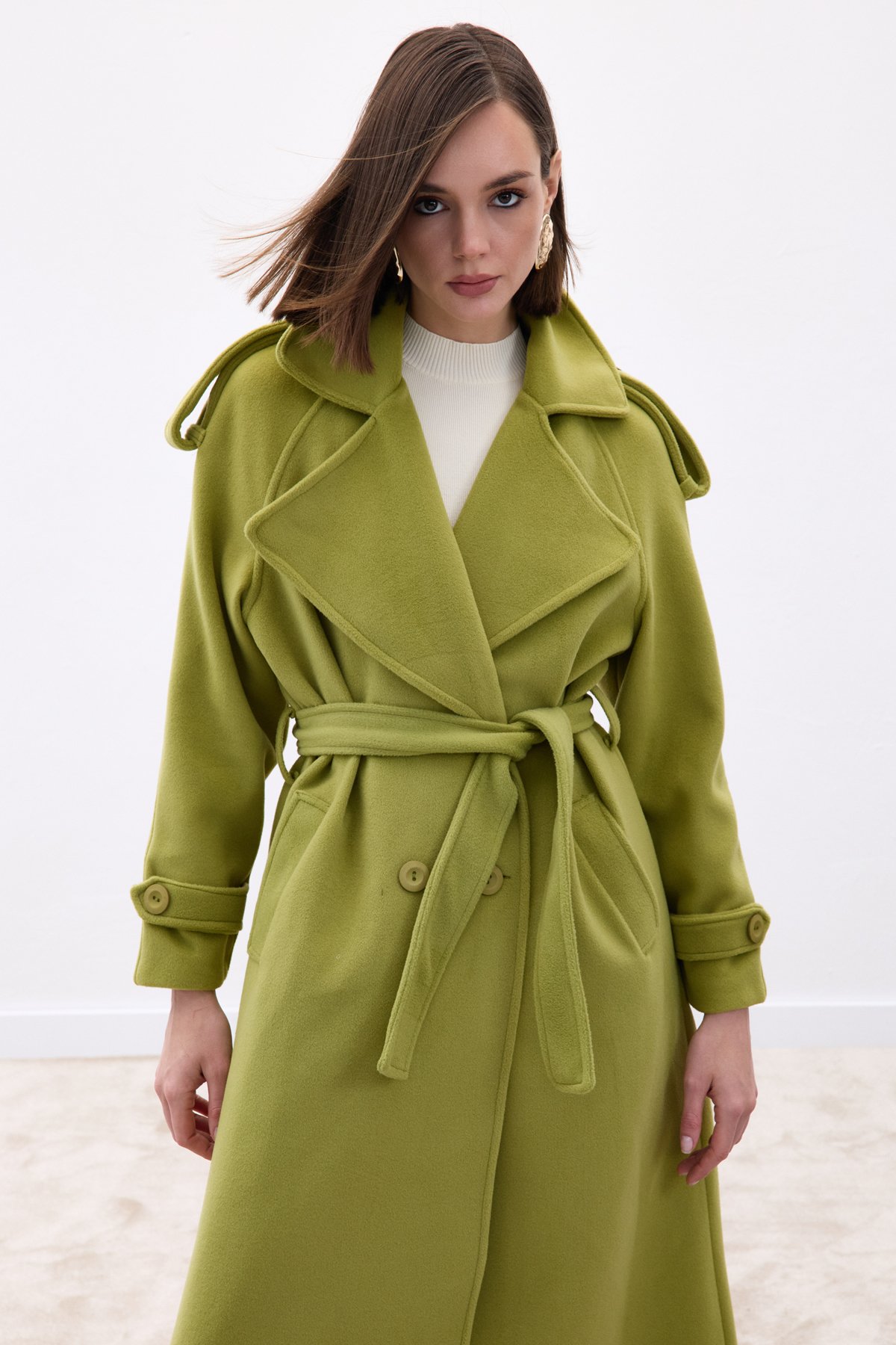 Geniş Yaka Uzun Kaban - Yeşil