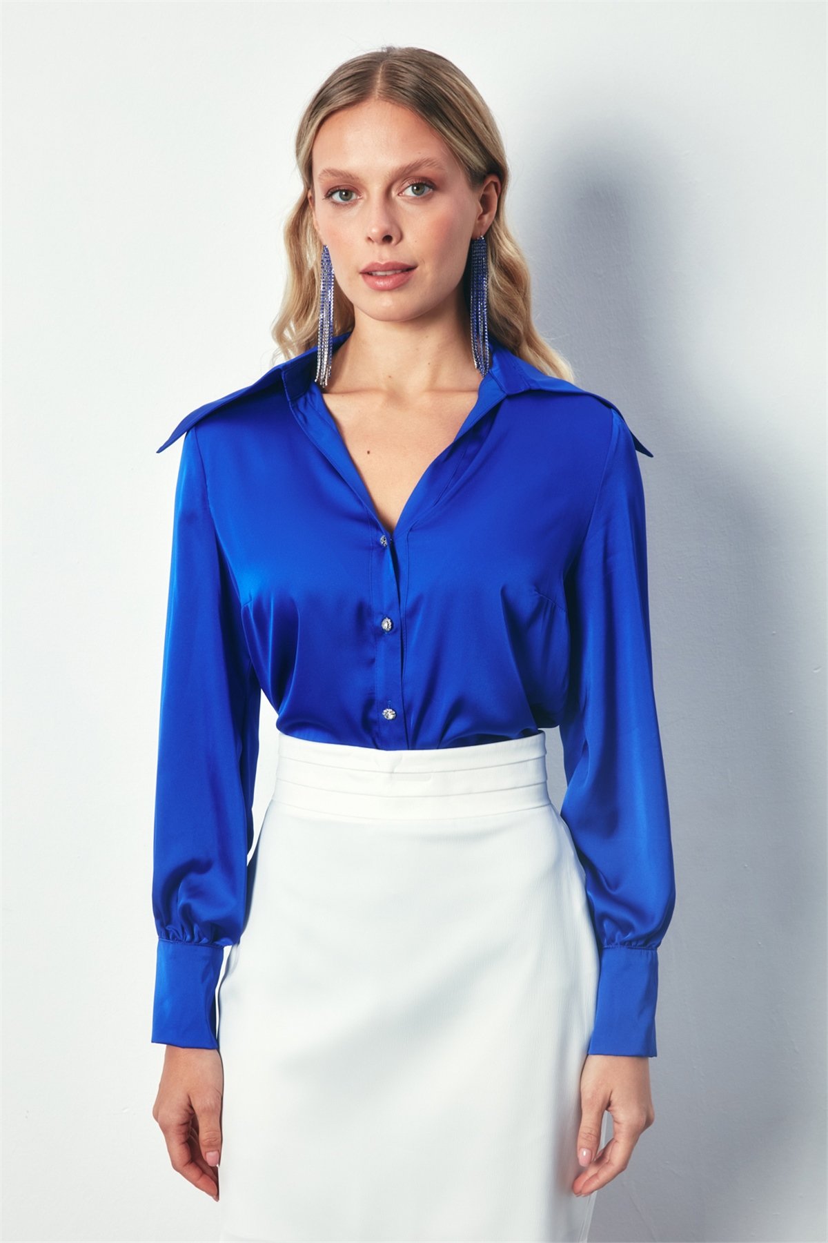 Wide Collar Satin Shirt - SAX BLUE