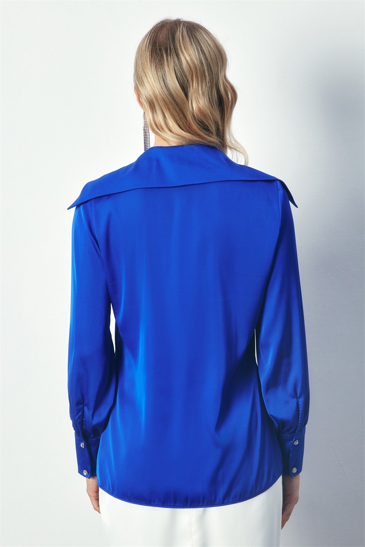 Wide Collar Satin Shirt - SAX BLUE