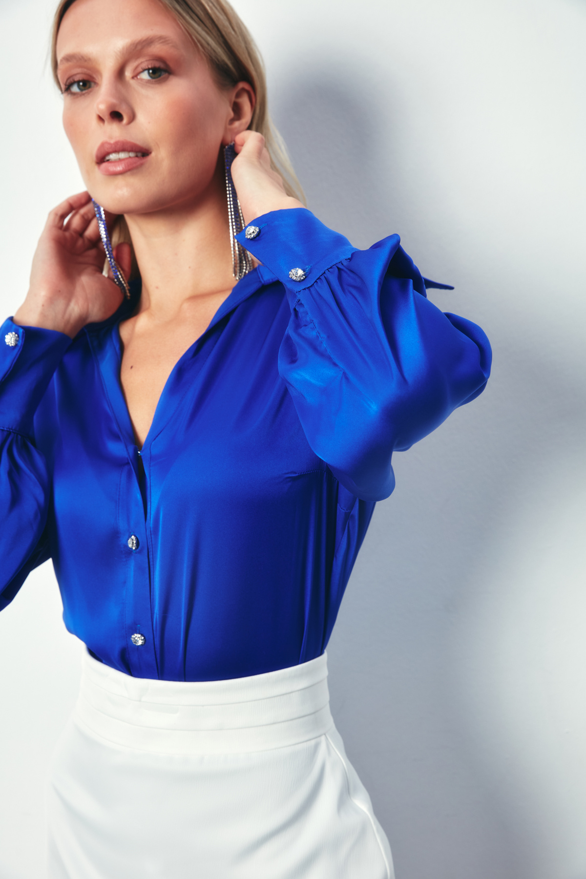 Wide Collar Satin Shirt - SAX BLUE