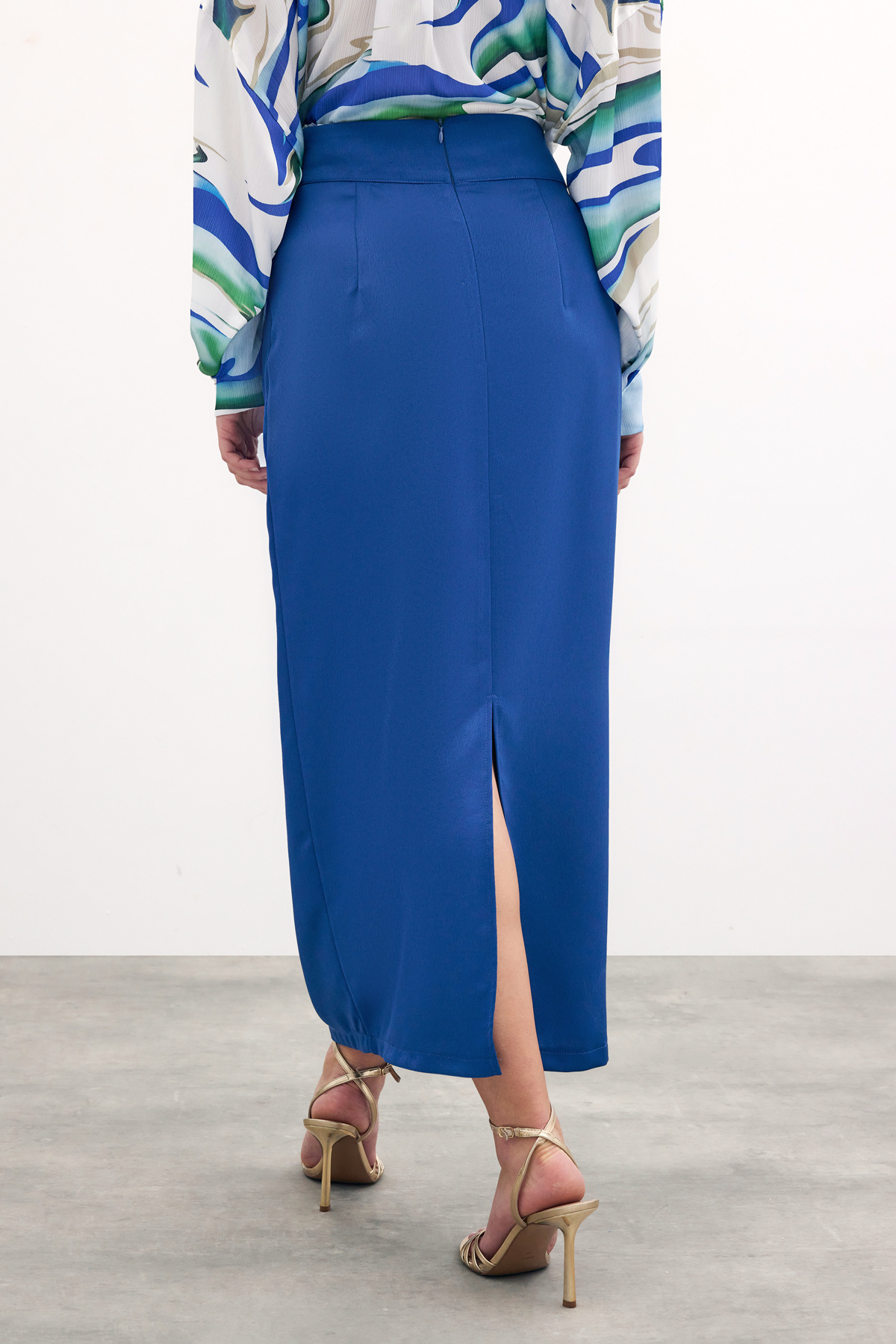Gold Aksesuarlı Uzun Etek - Sax Mavi