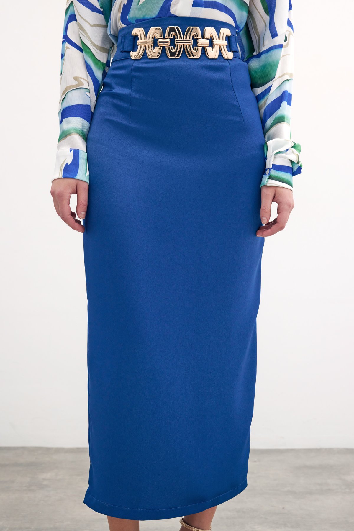 Gold Aksesuarlı Uzun Etek - Sax Mavi