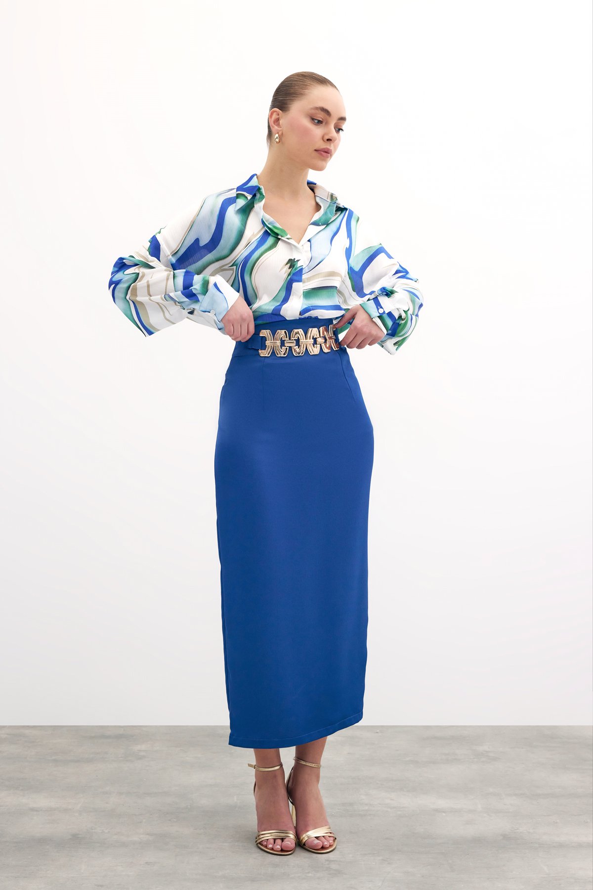 Gold Aksesuarlı Uzun Etek - Sax Mavi