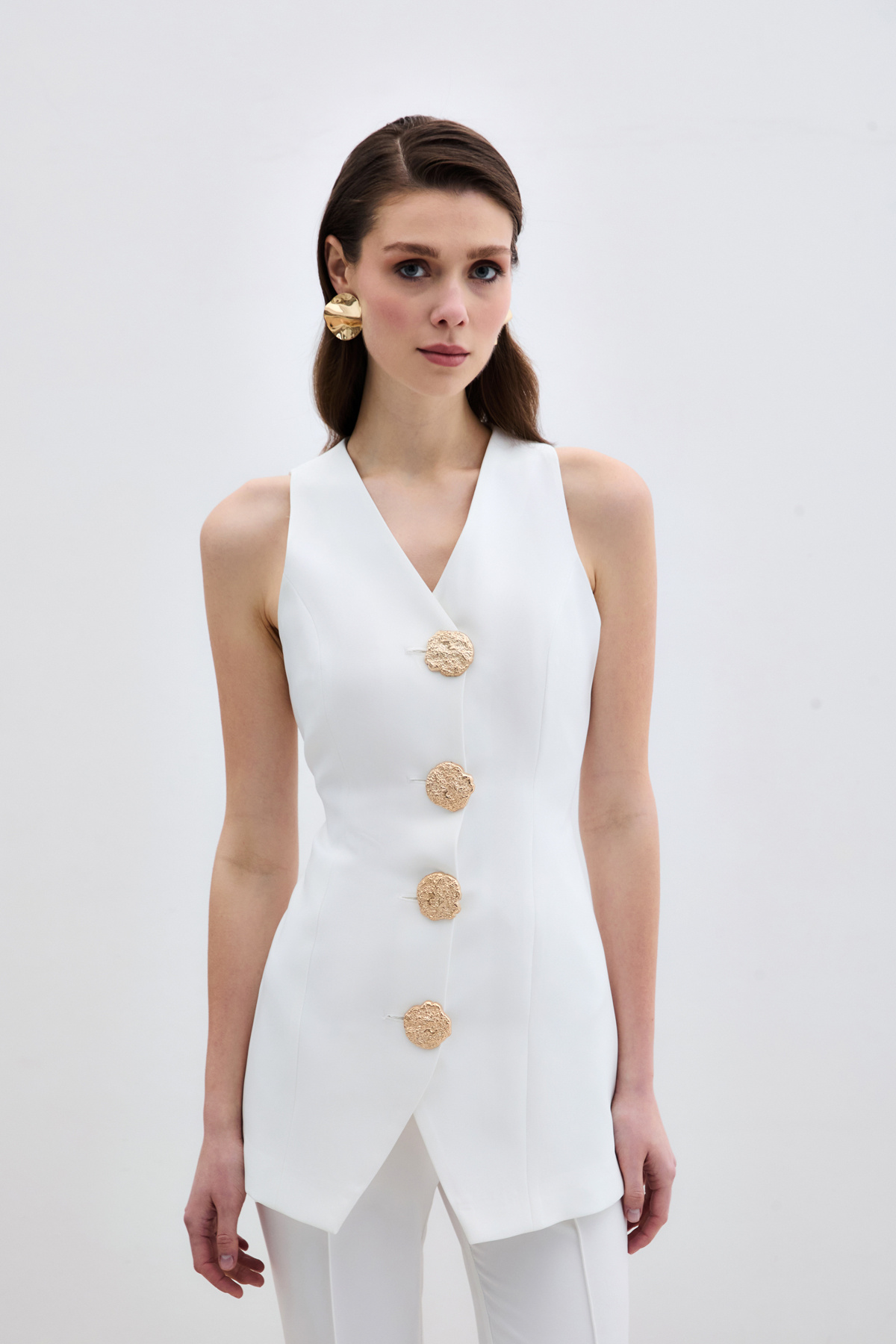 Gold Düğmeli Yelek - Ekru