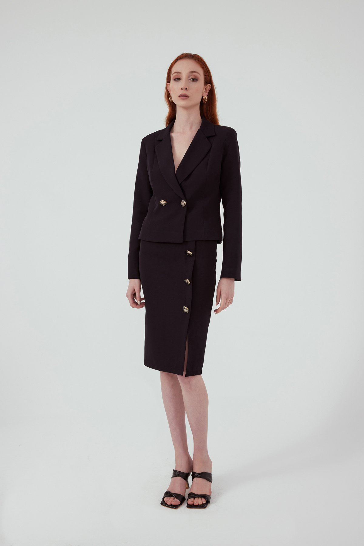 Gold süs düğme kalem etek - SİYAH