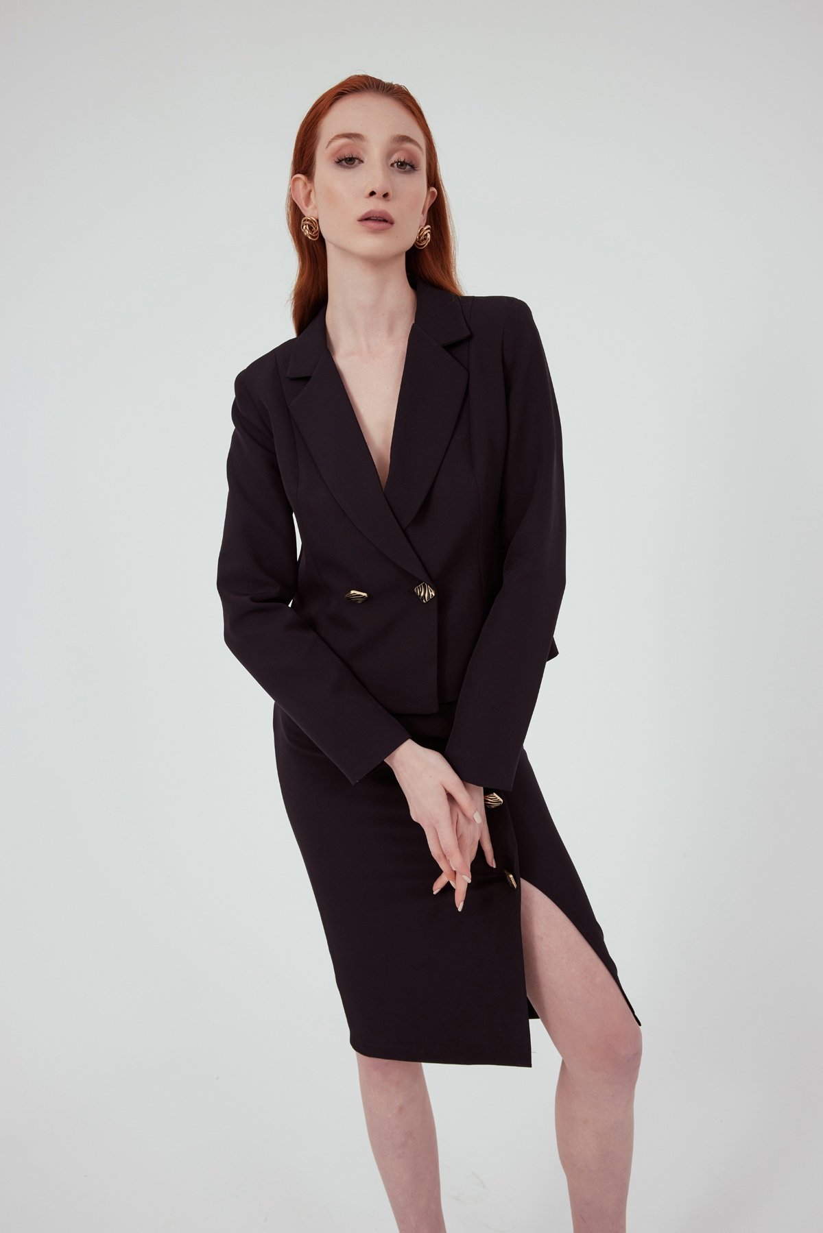 Gold süs düğme kalem etek - SİYAH