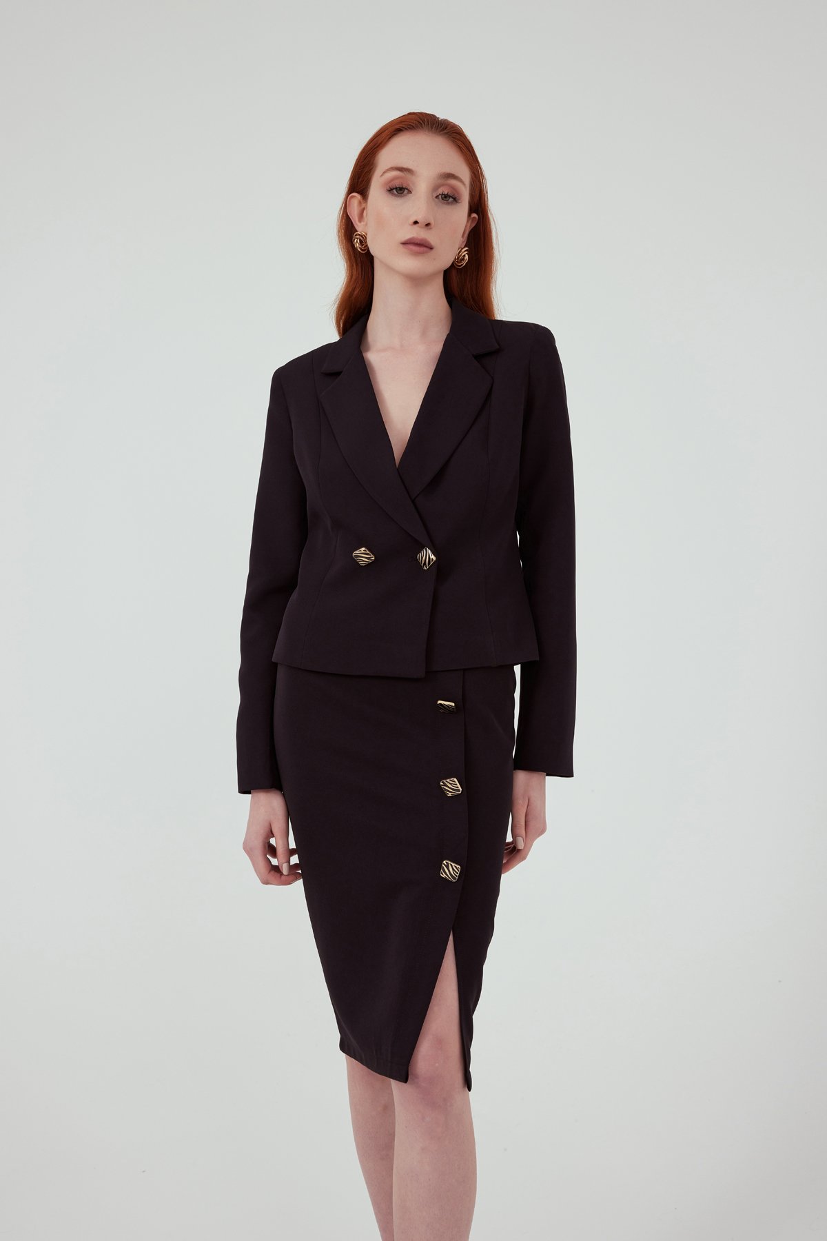 Gold süs düğme kalem etek - SİYAH