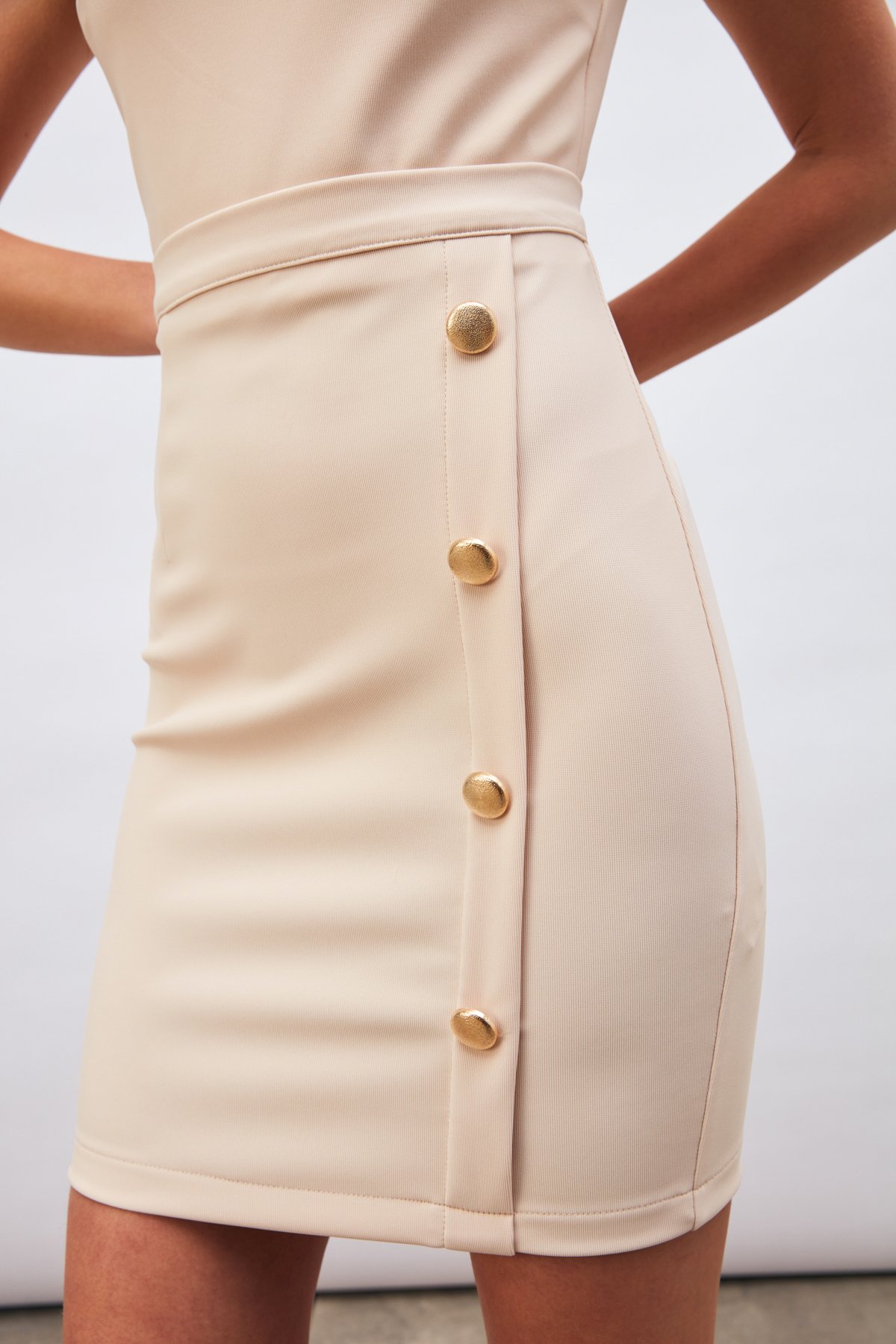 Gold Süs Düğmeli Etek - BEJ