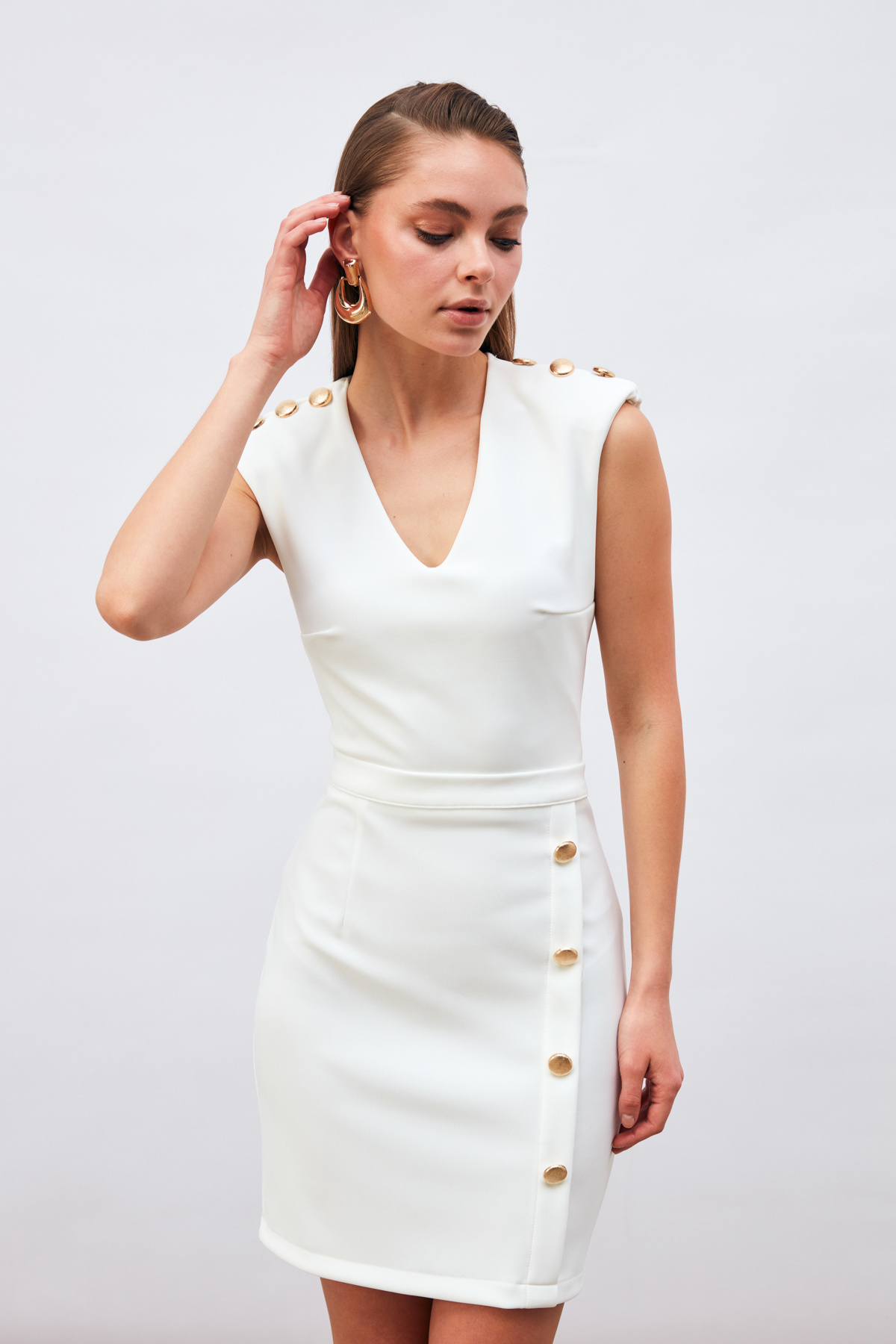 Gold Süs Düğmeli Etek - EKRU