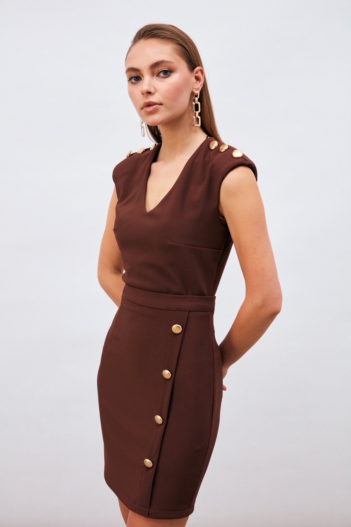 Gold Süs Düğmeli Etek - KAHVE