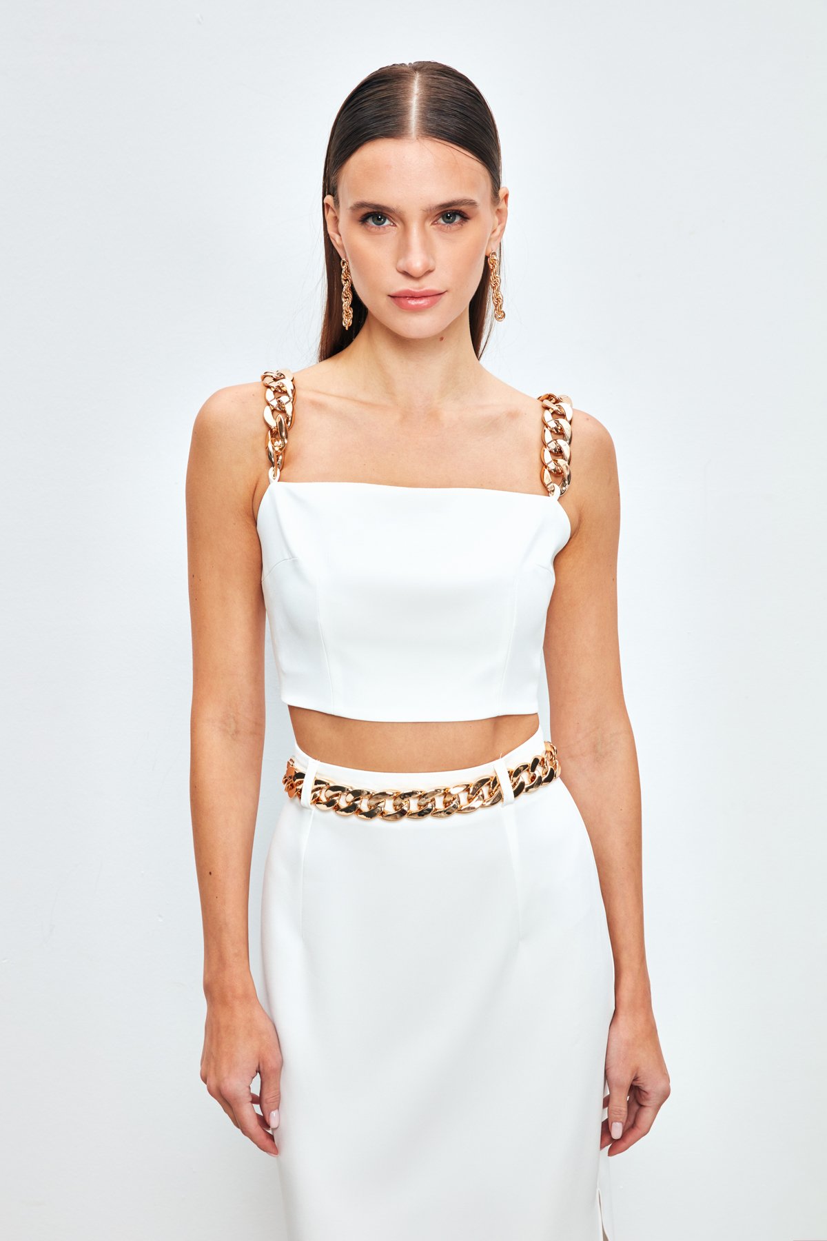 Gold Zincir Askılı Crop Bluz - EKRU