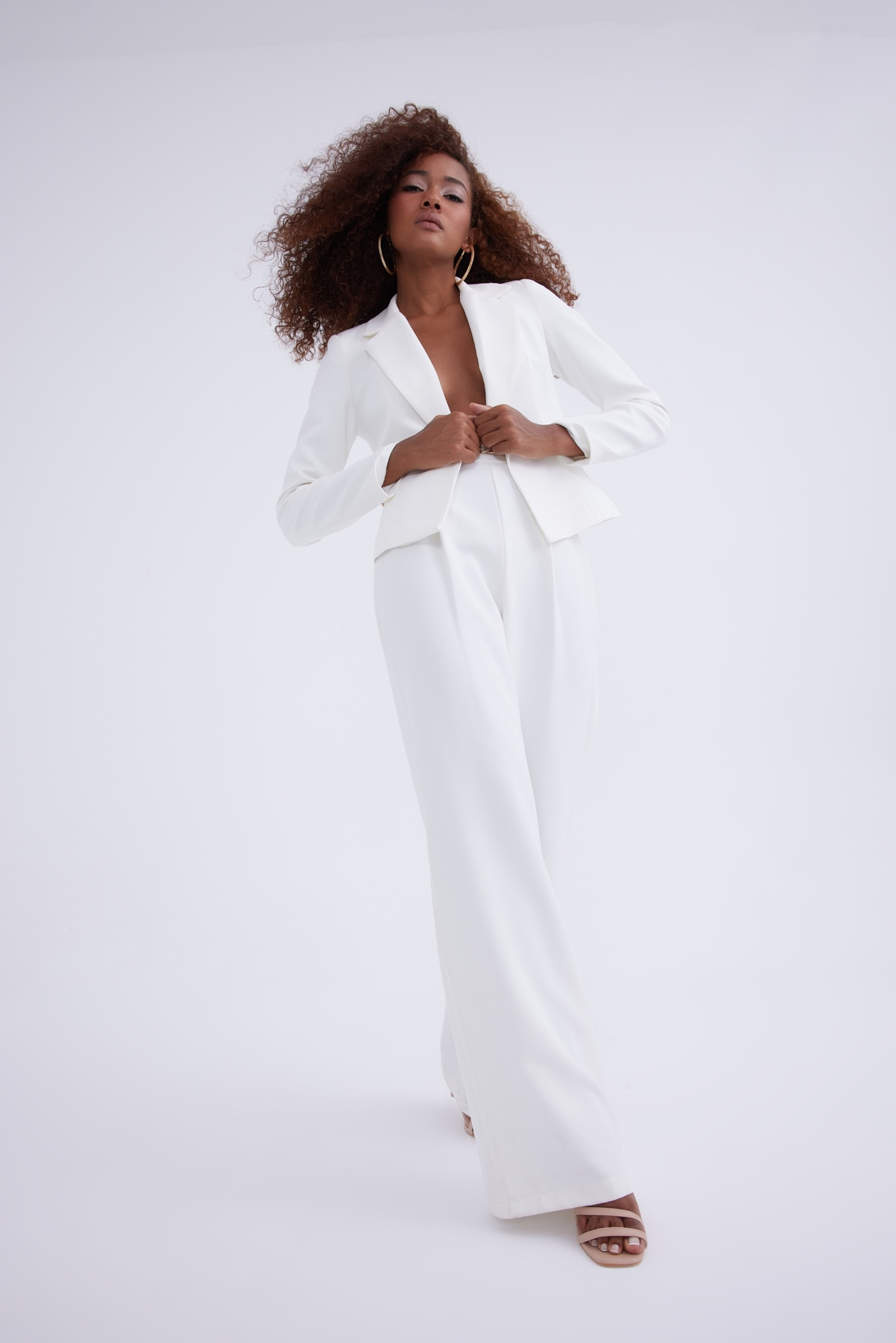 Gold zincirli wide leg fit pantolon - EKRU