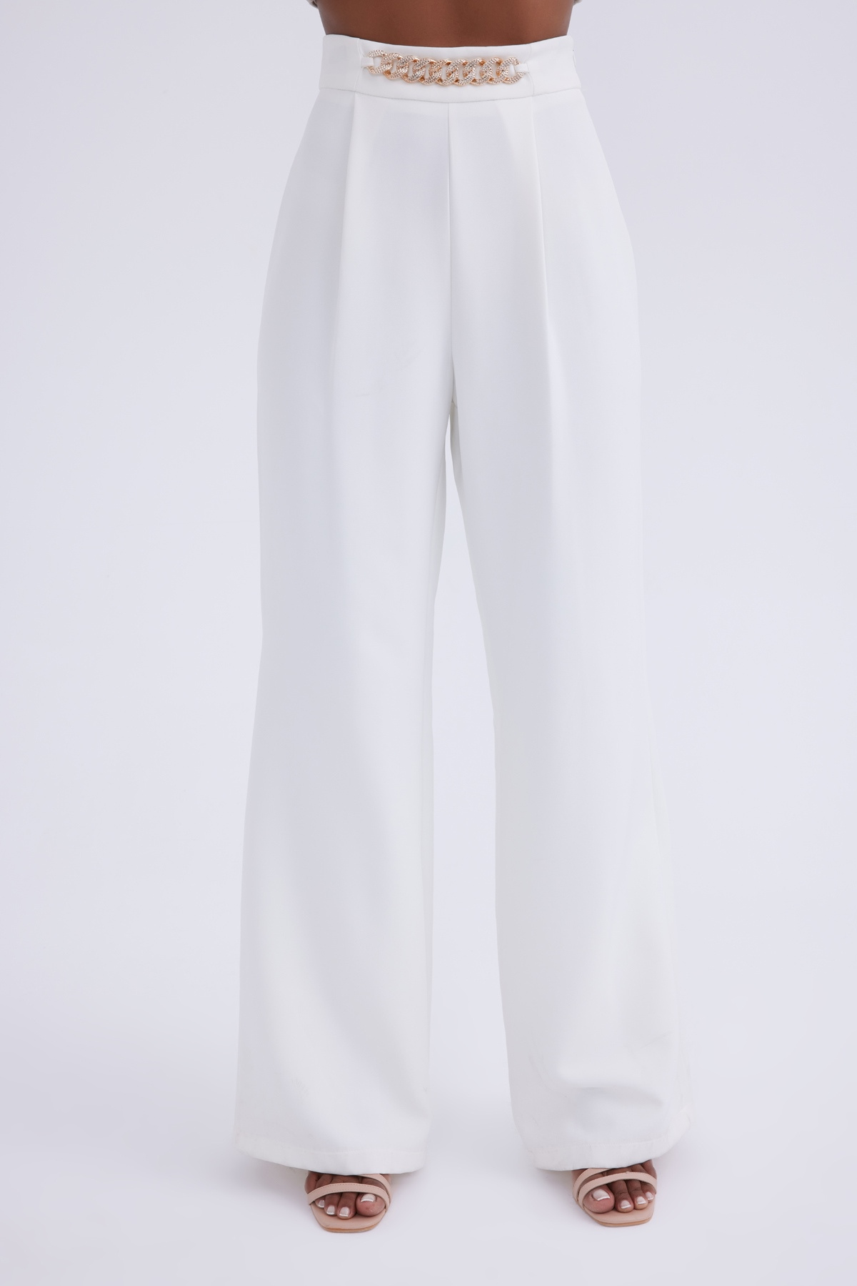 Gold zincirli wide leg fit pantolon - EKRU