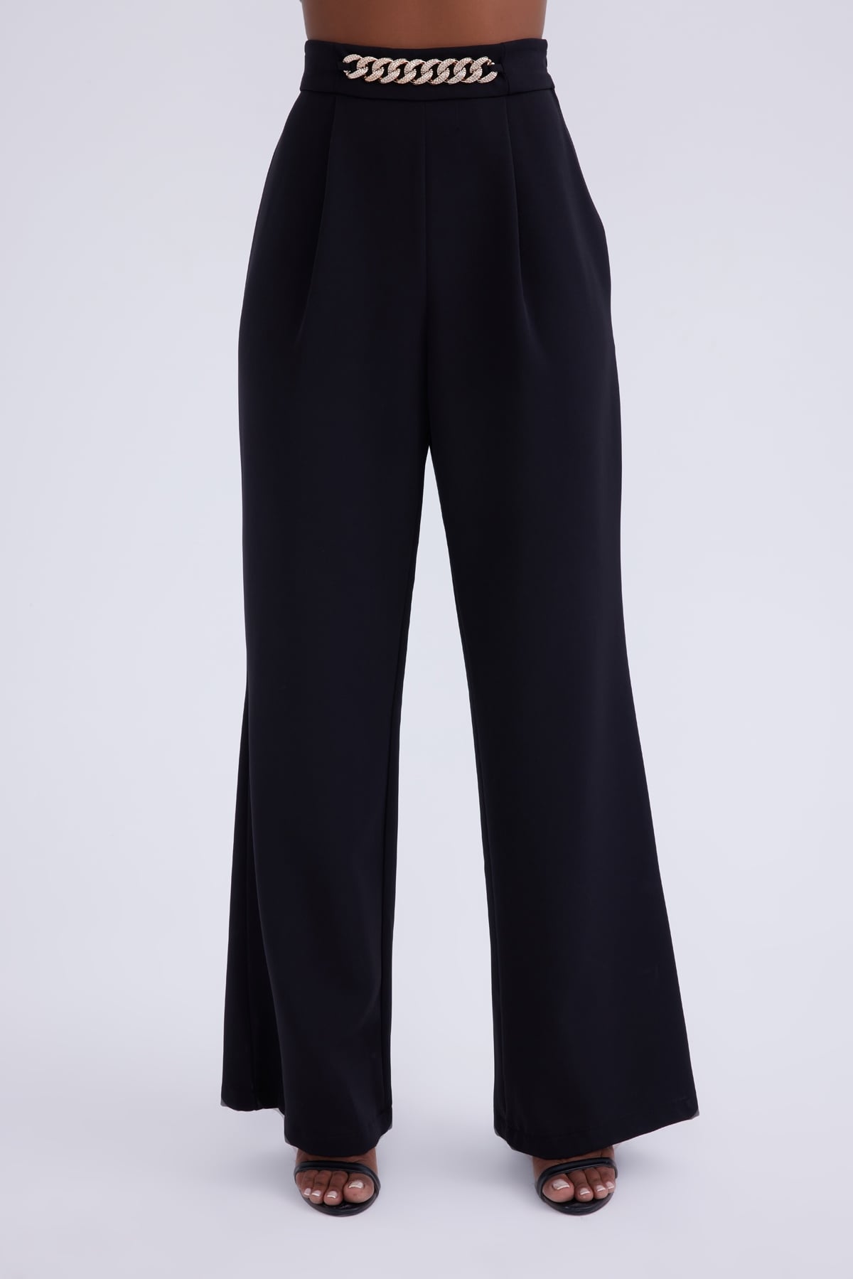 Gold zincirli wide leg fit pantolon - SİYAH
