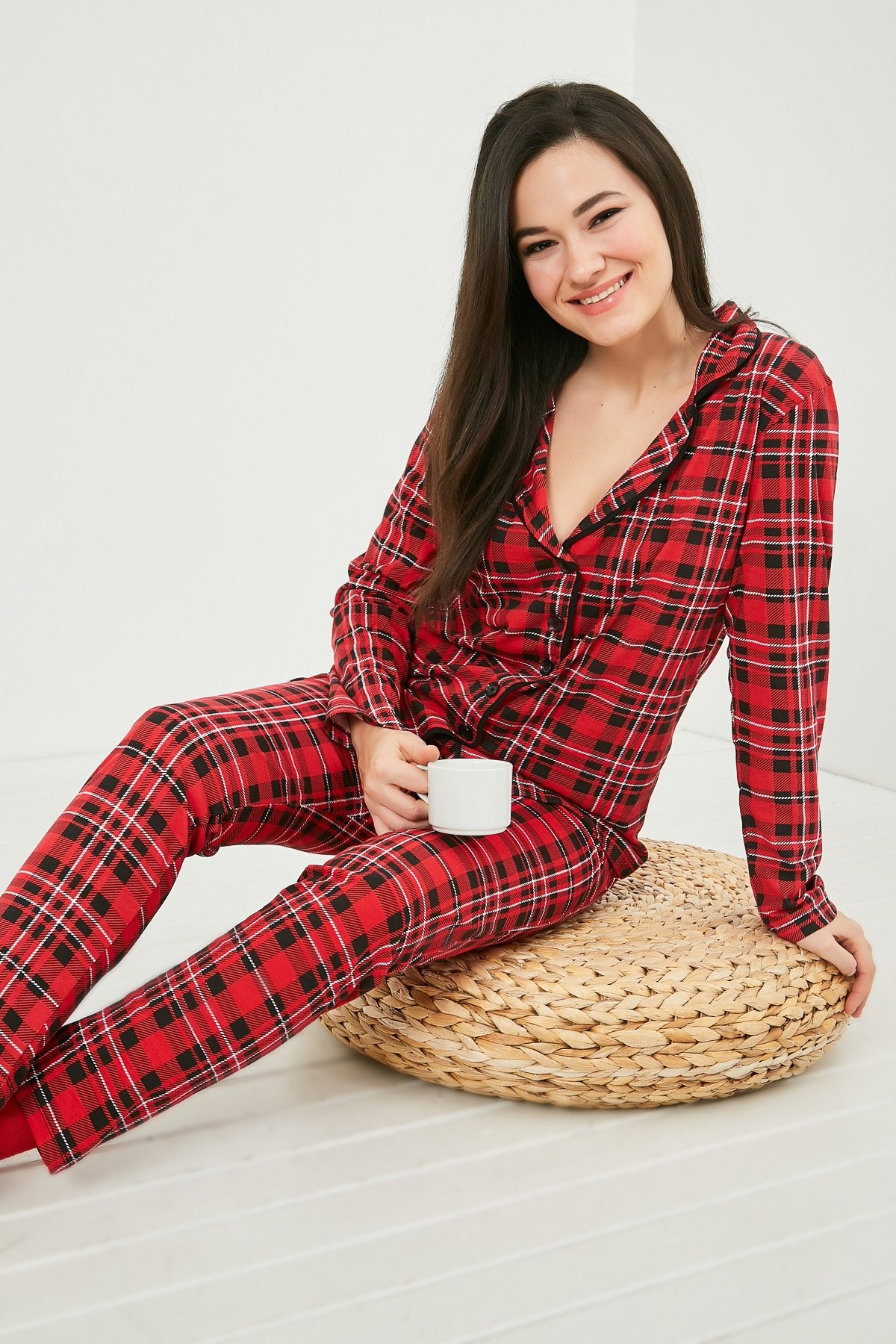 Gömlek Yaka Desenli Pijama Takım - KIRMIZI-SİYAH