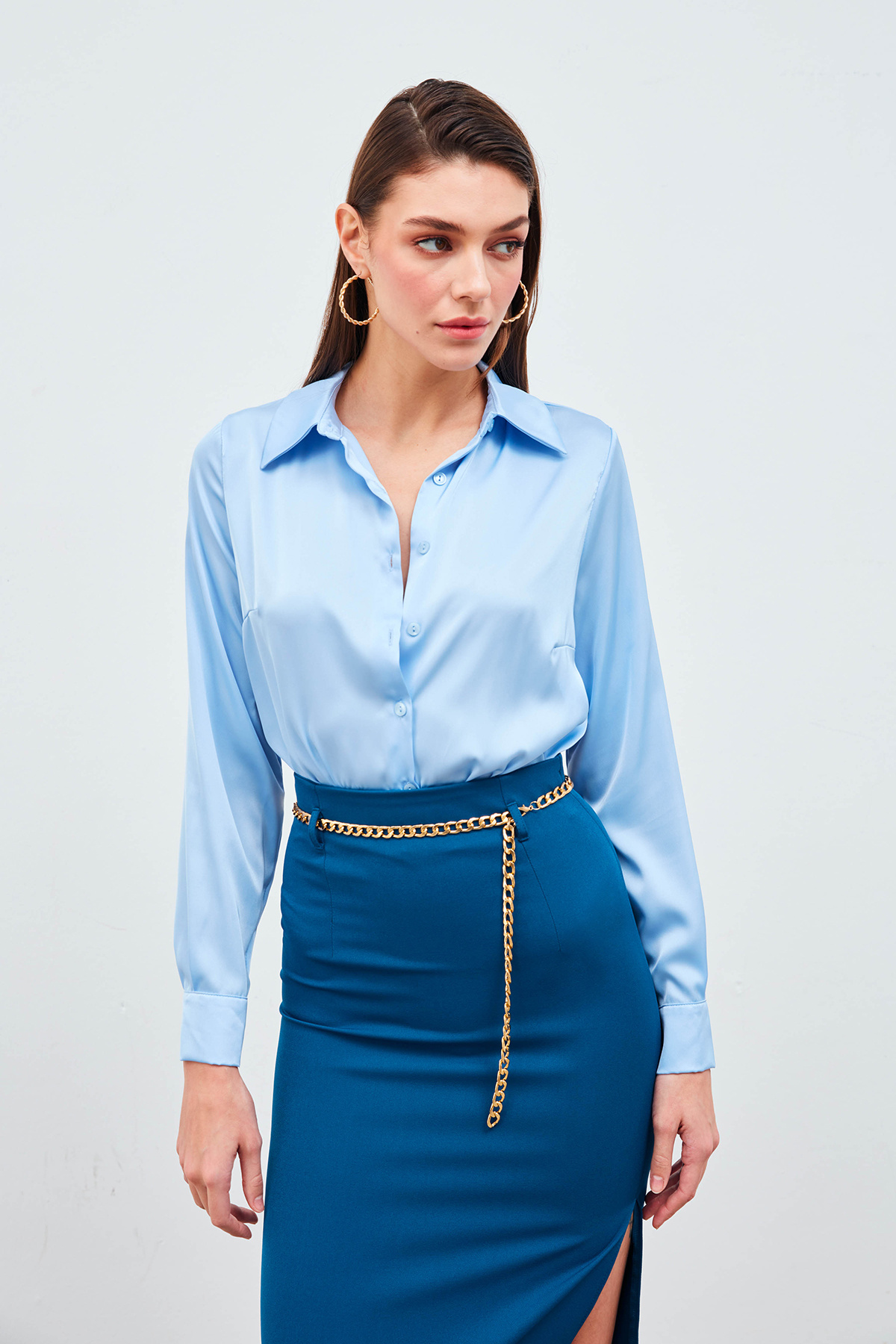 Gömlek Yaka Saten Bodysuit Bluz - BEBE MAVİ