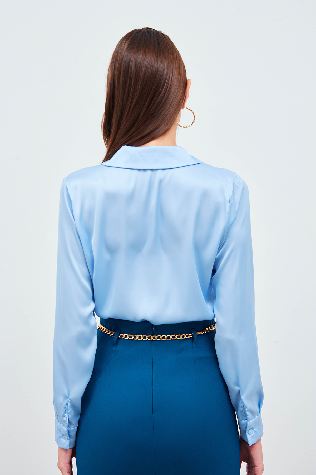 Gömlek Yaka Saten Bodysuit Bluz - BEBE MAVİ