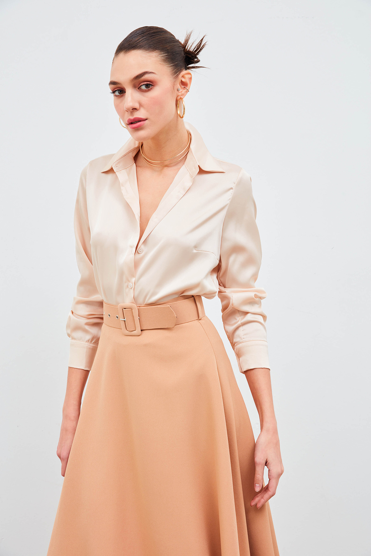 Gömlek Yaka Saten Bodysuit Bluz - BEJ