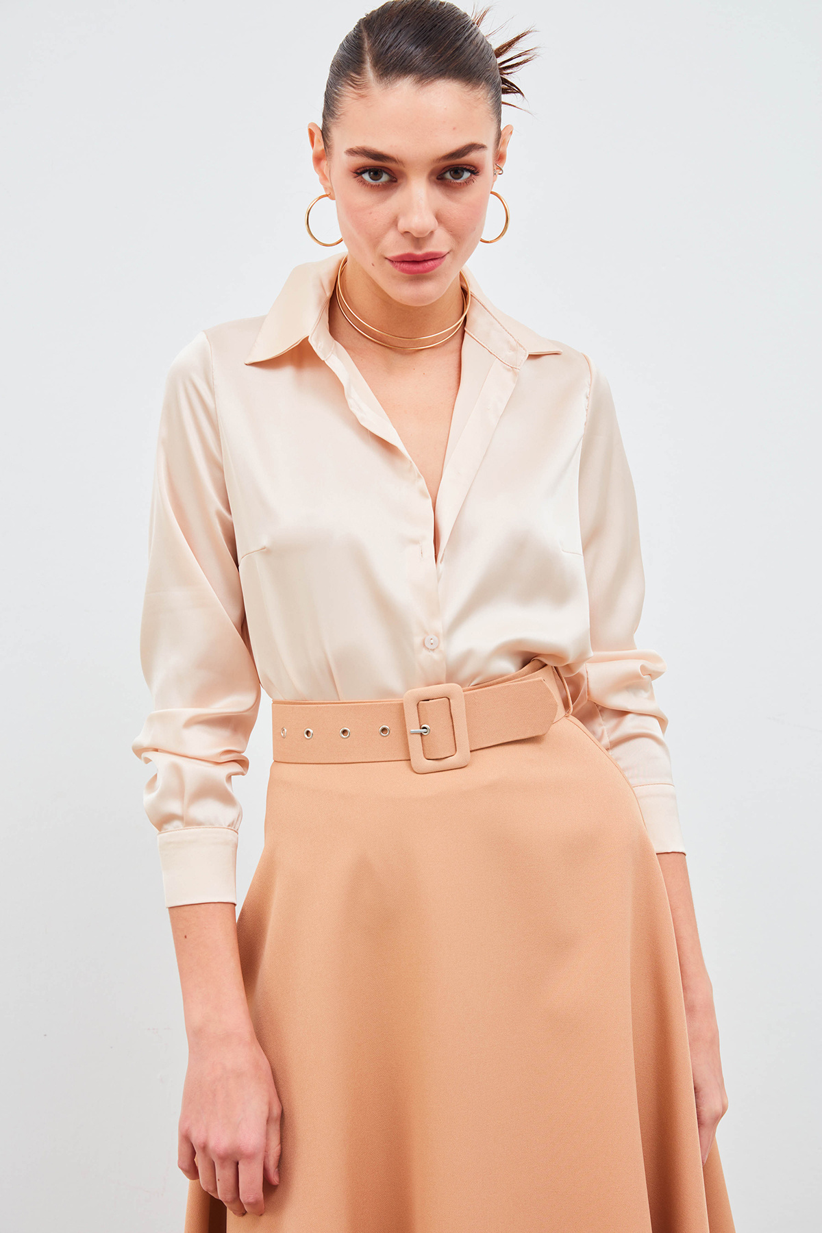 Gömlek Yaka Saten Bodysuit Bluz - BEJ