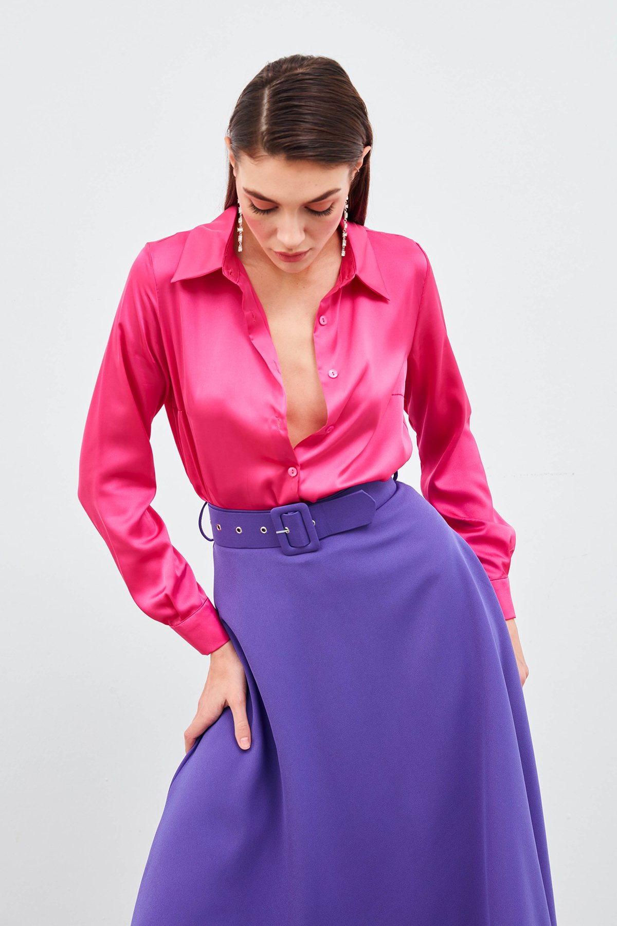 Gömlek Yaka Saten Bodysuit Bluz - FUŞYA