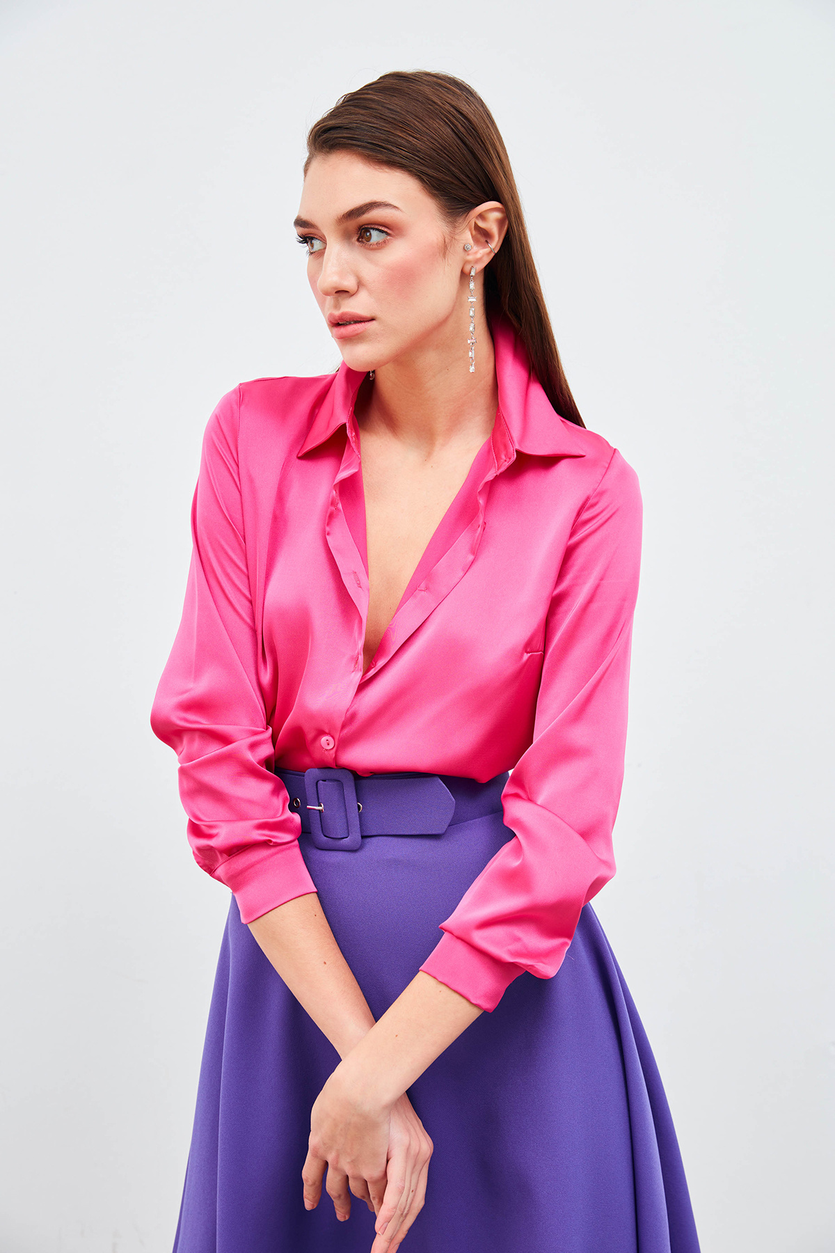 Gömlek Yaka Saten Bodysuit Bluz - FUŞYA