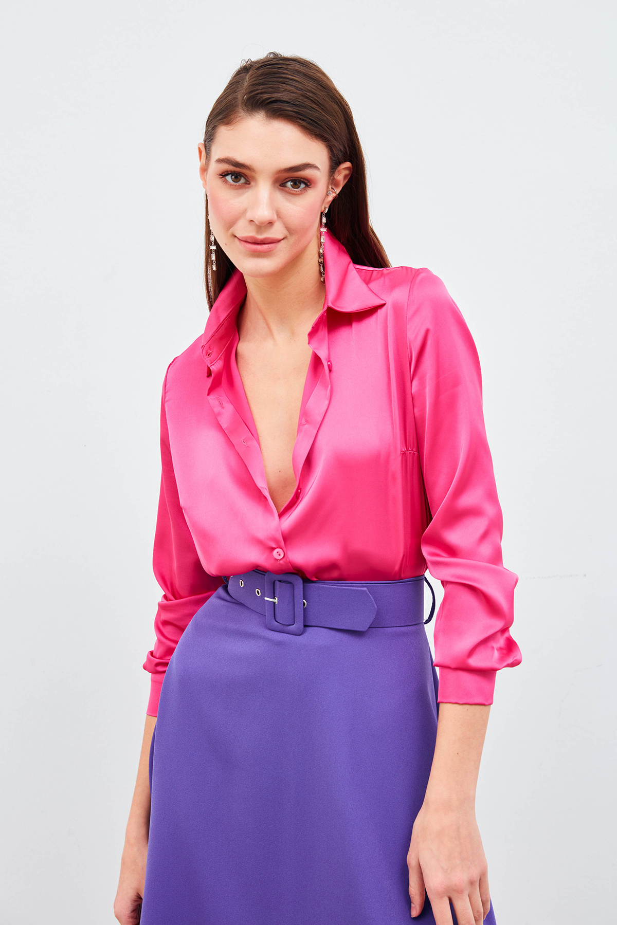 Gömlek Yaka Saten Bodysuit Bluz - FUŞYA