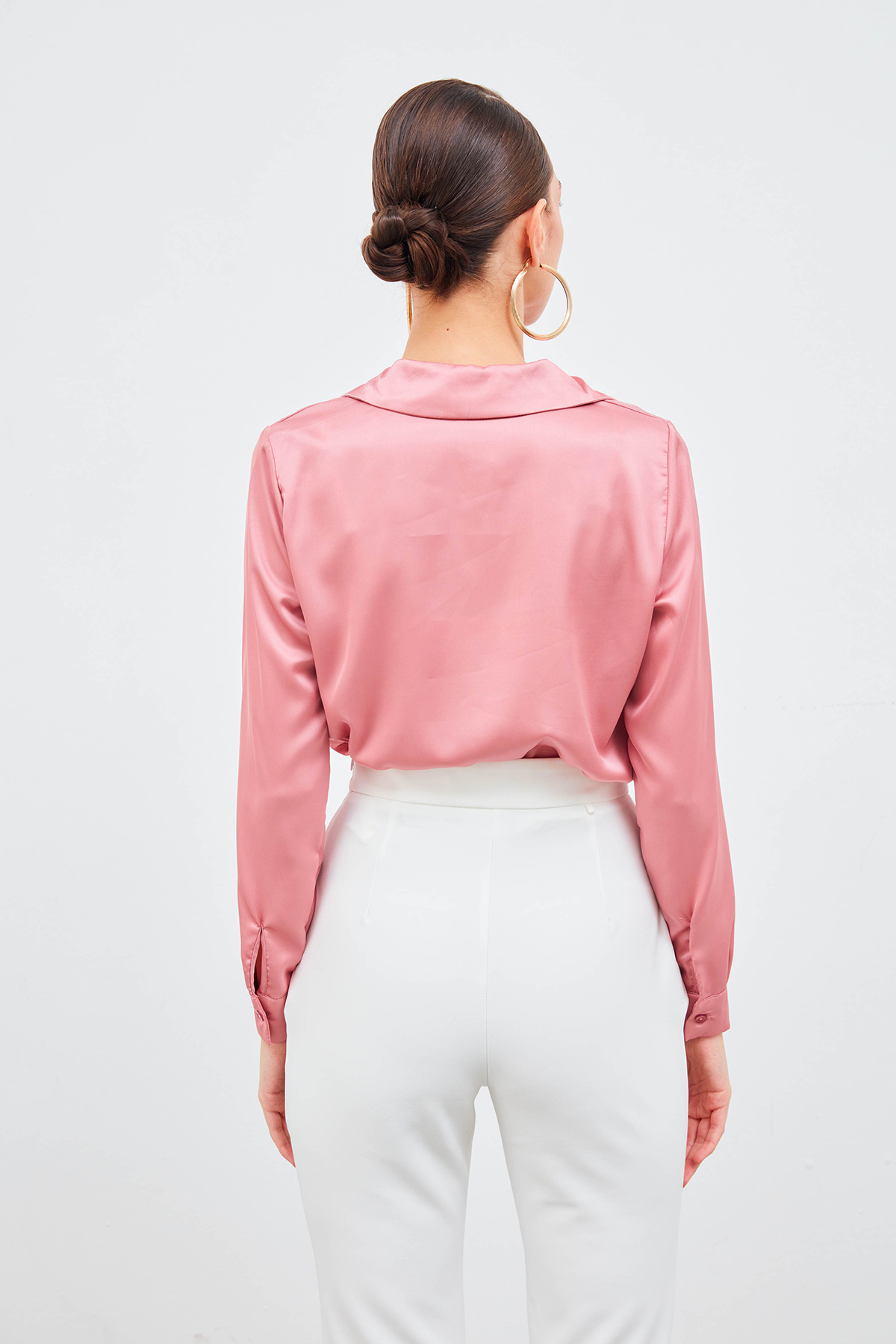 Gömlek Yaka Saten Bodysuit Bluz - PUDRA