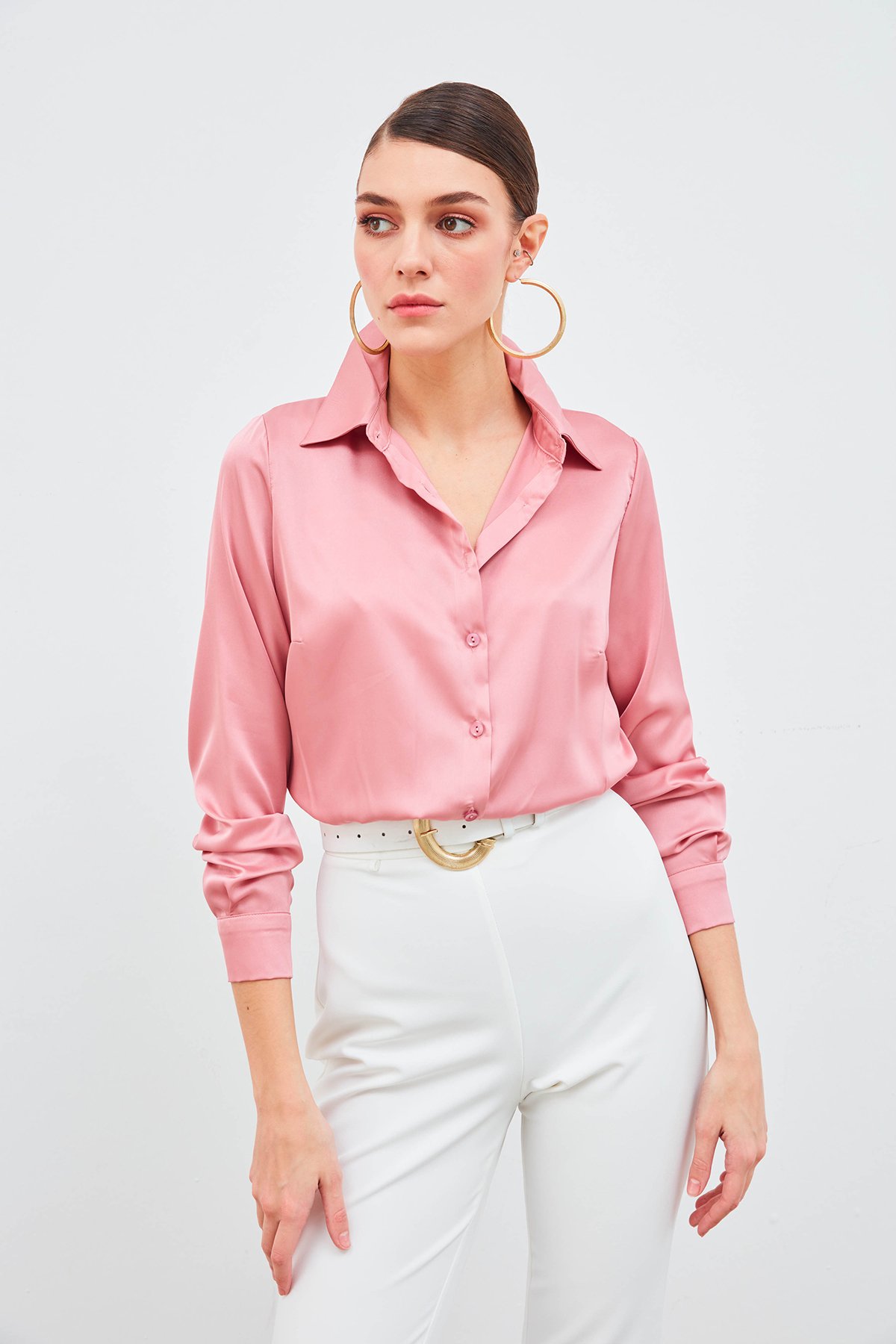 Gömlek Yaka Saten Bodysuit Bluz - PUDRA