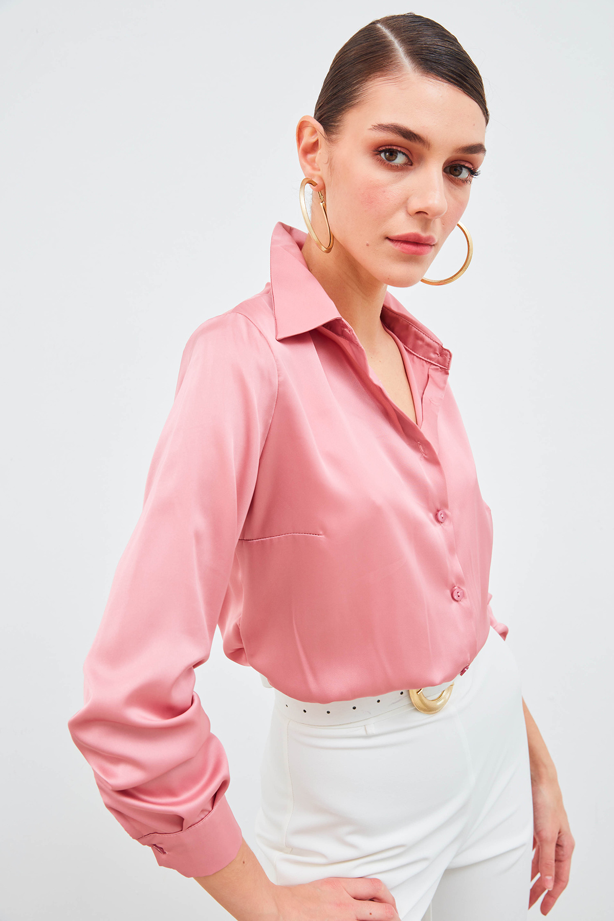 Gömlek Yaka Saten Bodysuit Bluz - PUDRA