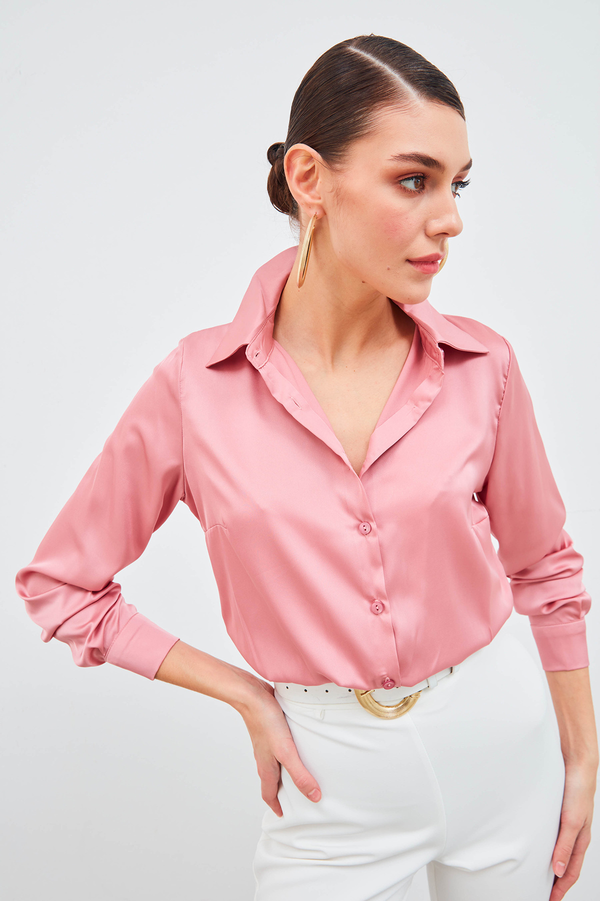 Gömlek Yaka Saten Bodysuit Bluz - PUDRA