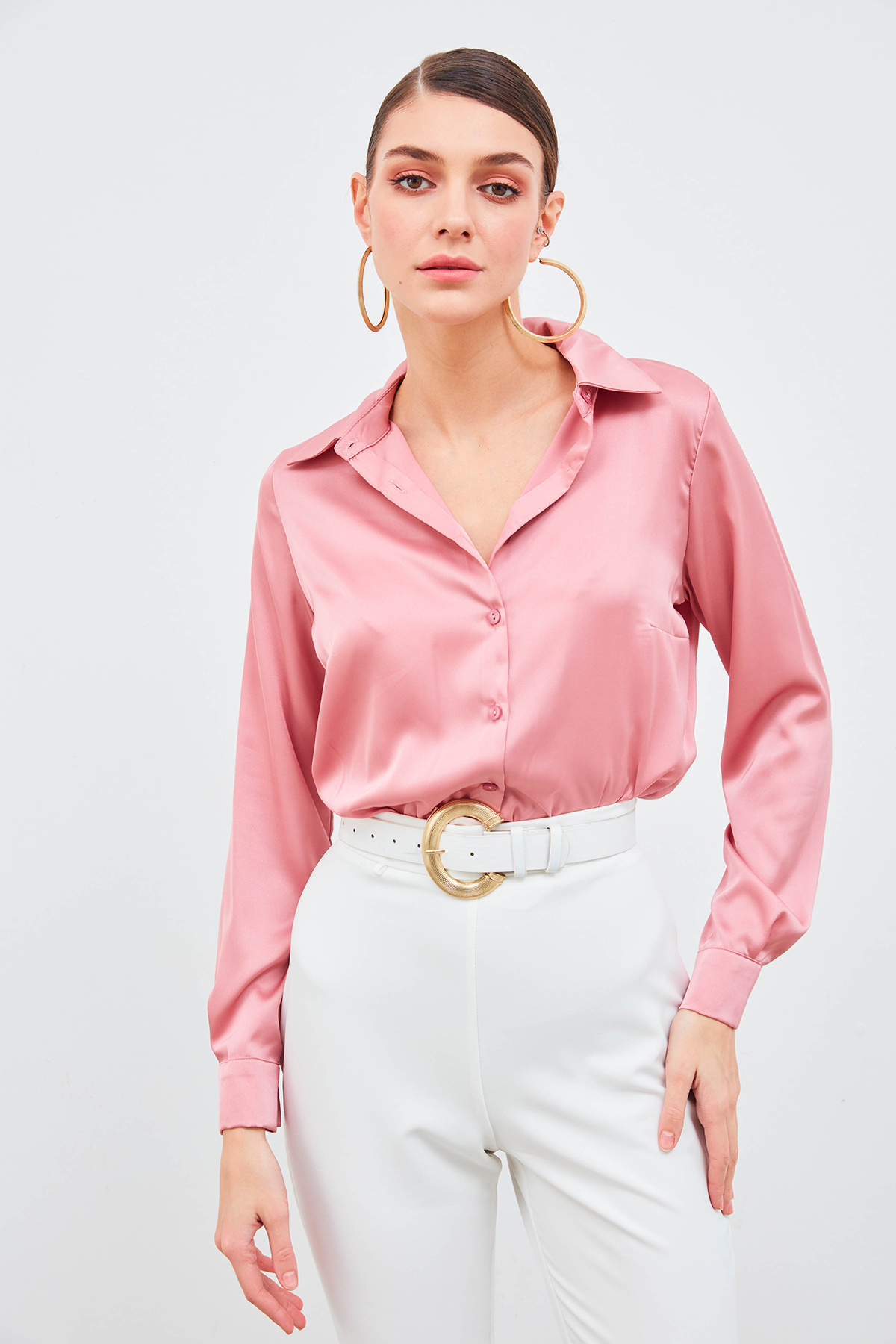 Gömlek Yaka Saten Bodysuit Bluz - PUDRA