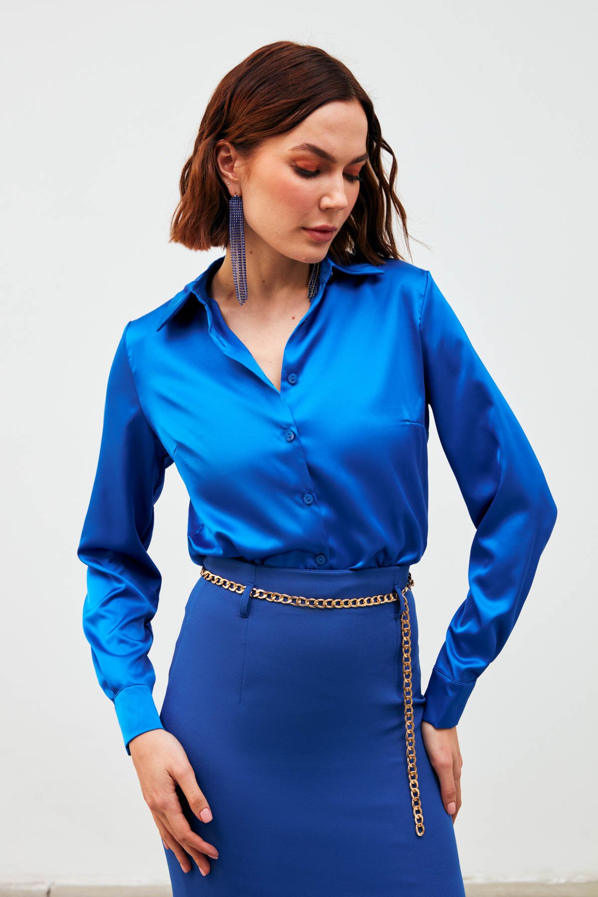 Shirt Collar Satin Bodysuit Blouse - SAX BLUE